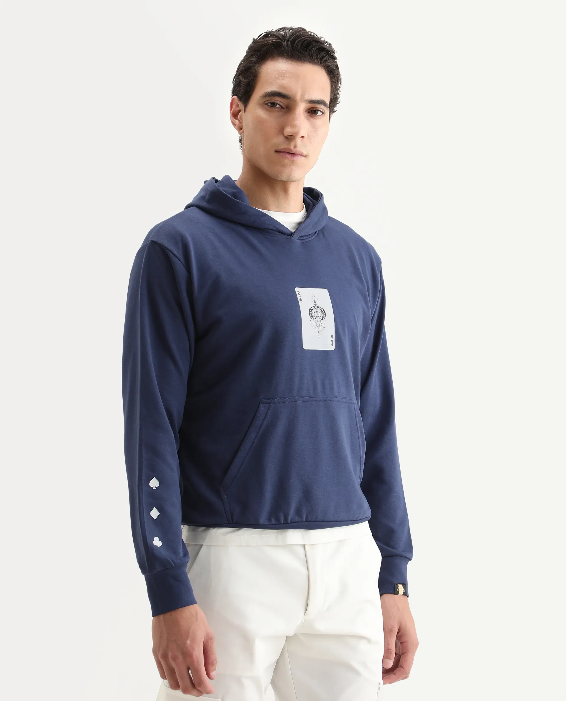 Rare Rabbit Men's Meloro Navy Cotton Blend Graphic Print Regular Fit Full Sleeve Hooded Sweatshirt - Image 6