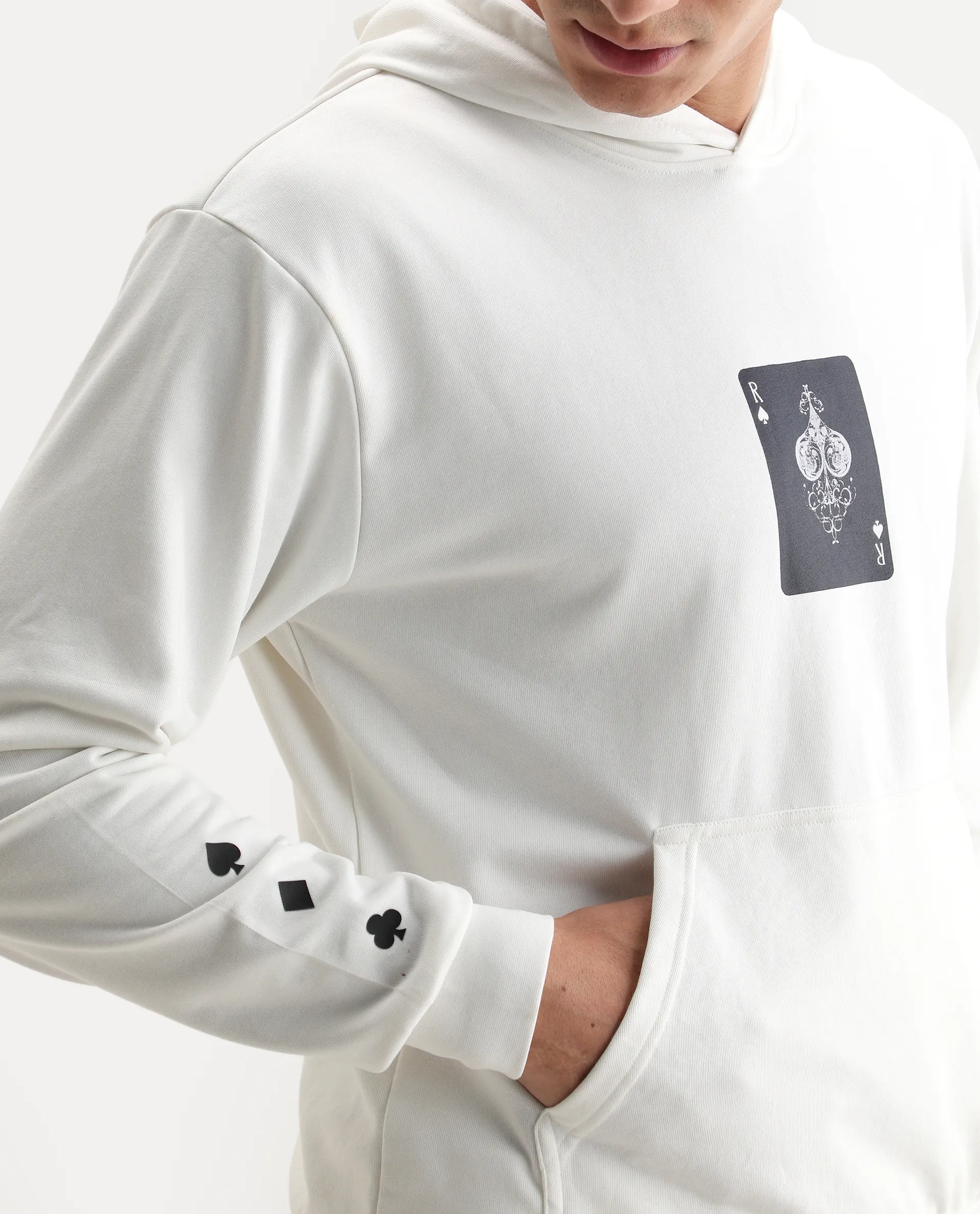 Rare Rabbit Men's Meloro Off White Cotton Blend Graphic Print Regular Fit Full Sleeve Hooded Sweatshirt