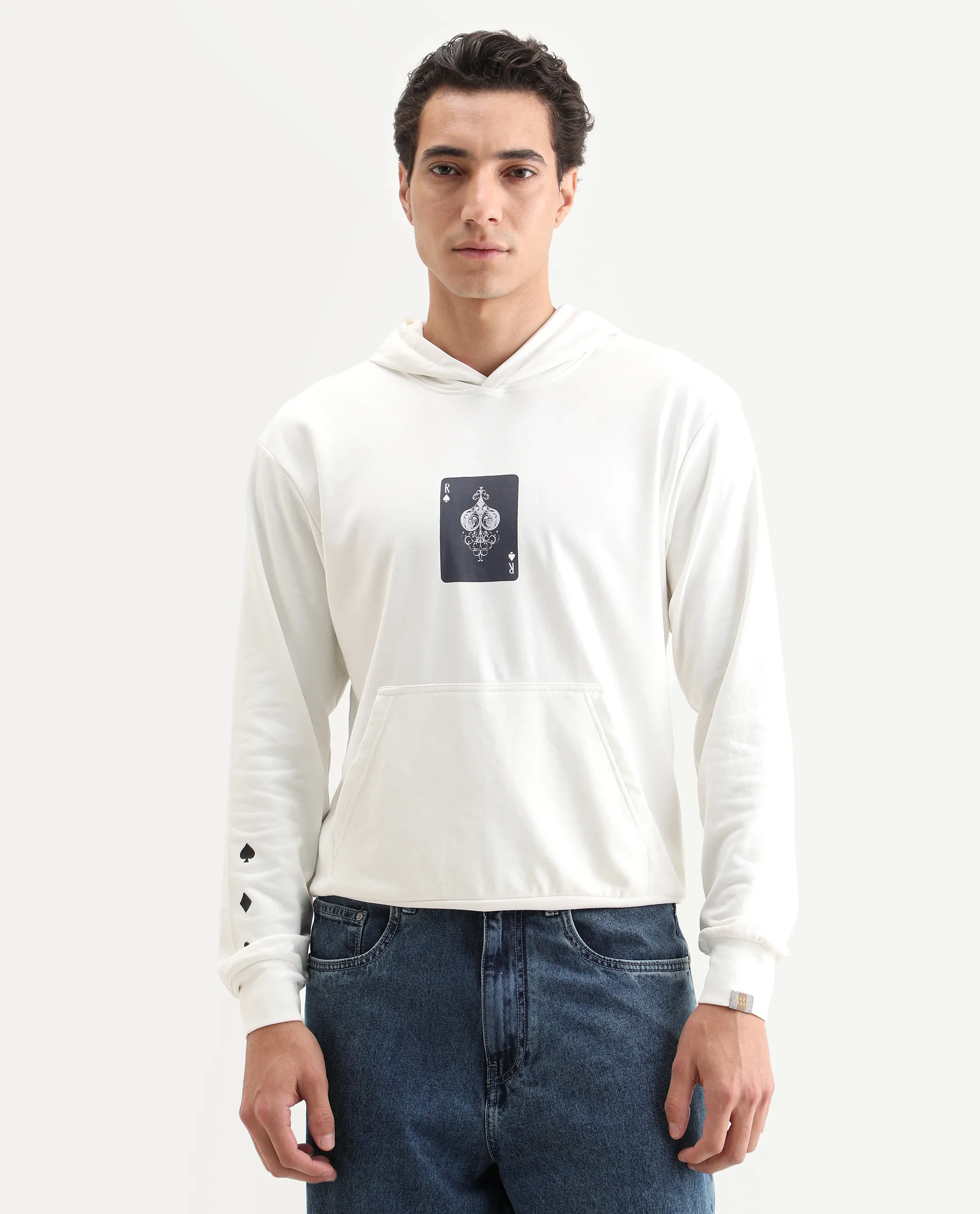 Rare Rabbit Men's Meloro Off White Cotton Blend Graphic Print Regular Fit Full Sleeve Hooded Sweatshirt - Image 3