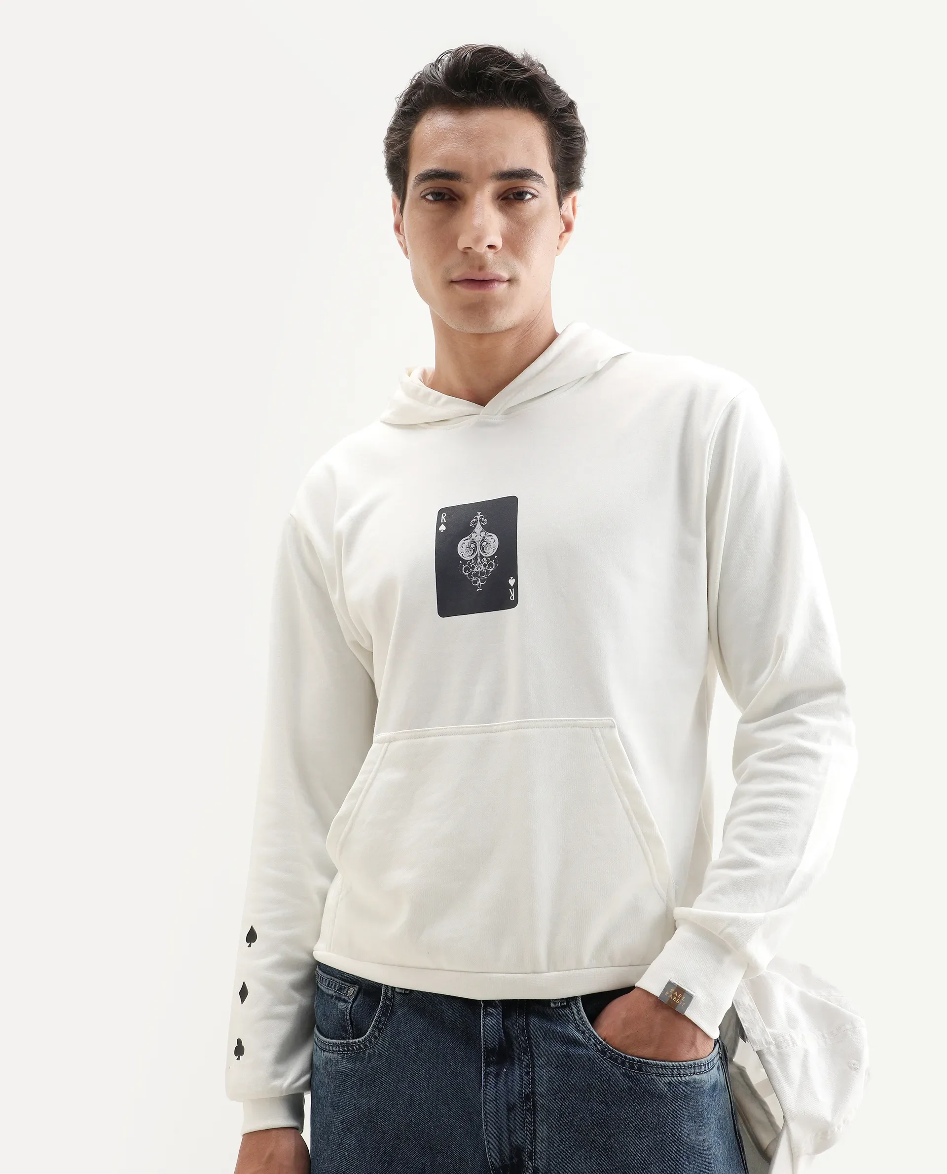 Rare Rabbit Men's Meloro Off White Cotton Blend Graphic Print Regular Fit Full Sleeve Hooded Sweatshirt - Image 4