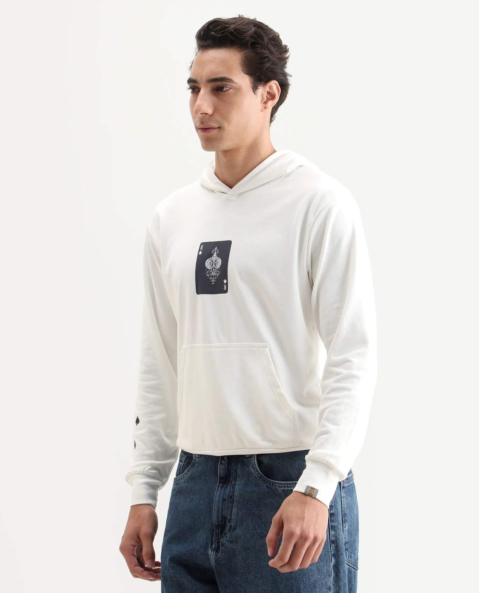 Rare Rabbit Men's Meloro Off White Cotton Blend Graphic Print Regular Fit Full Sleeve Hooded Sweatshirt - Image 5