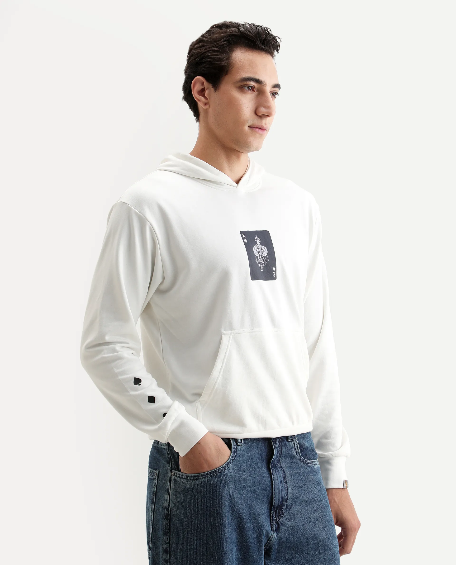 Rare Rabbit Men's Meloro Off White Cotton Blend Graphic Print Regular Fit Full Sleeve Hooded Sweatshirt - Image 6