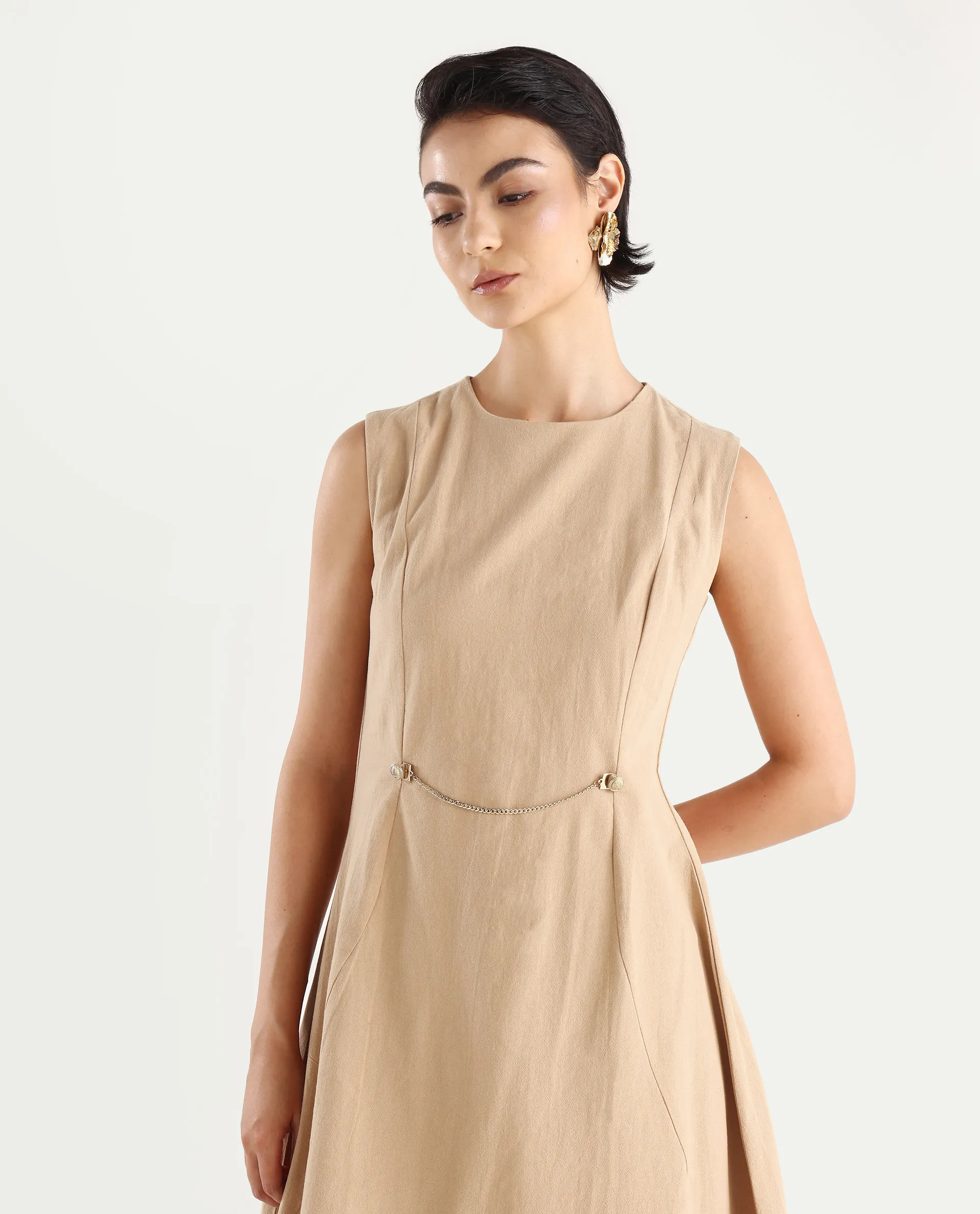 Rareism Women's Melrick Beige Cotton Crew Neck Plain Sleeveless Maxi A-Line Dress - Image 3