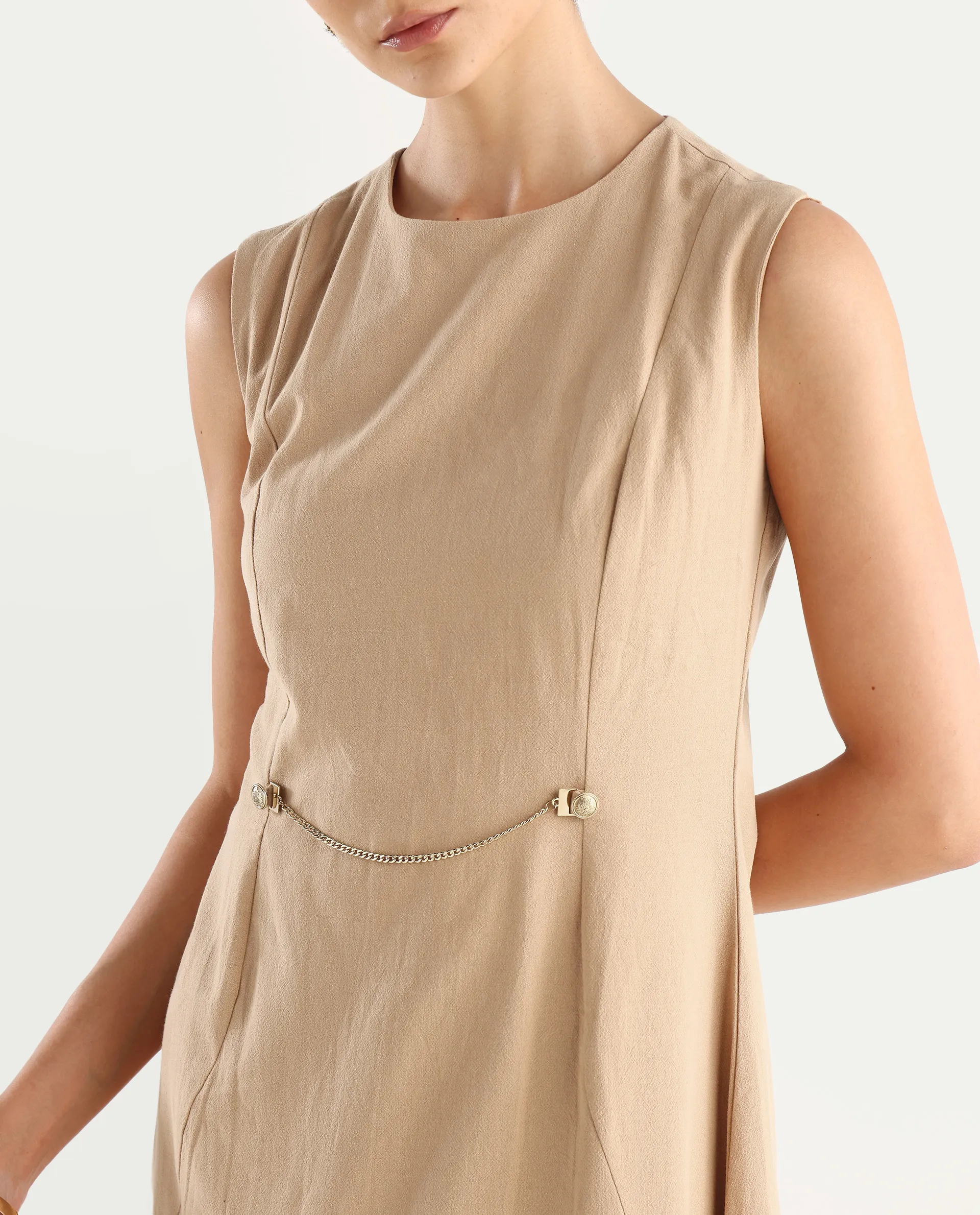 Rareism Women's Melrick Beige Cotton Crew Neck Plain Sleeveless Maxi A-Line Dress - Image 4