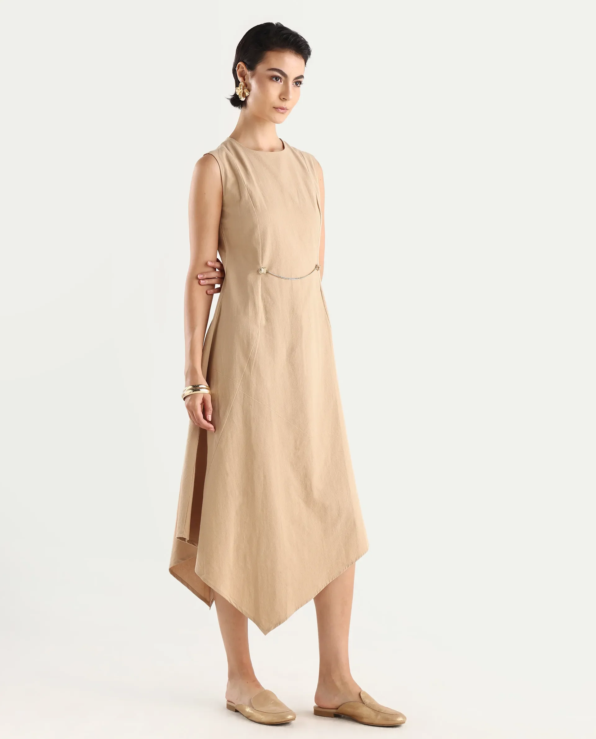 Rareism Women's Melrick Beige Cotton Crew Neck Plain Sleeveless Maxi A-Line Dress - Image 5