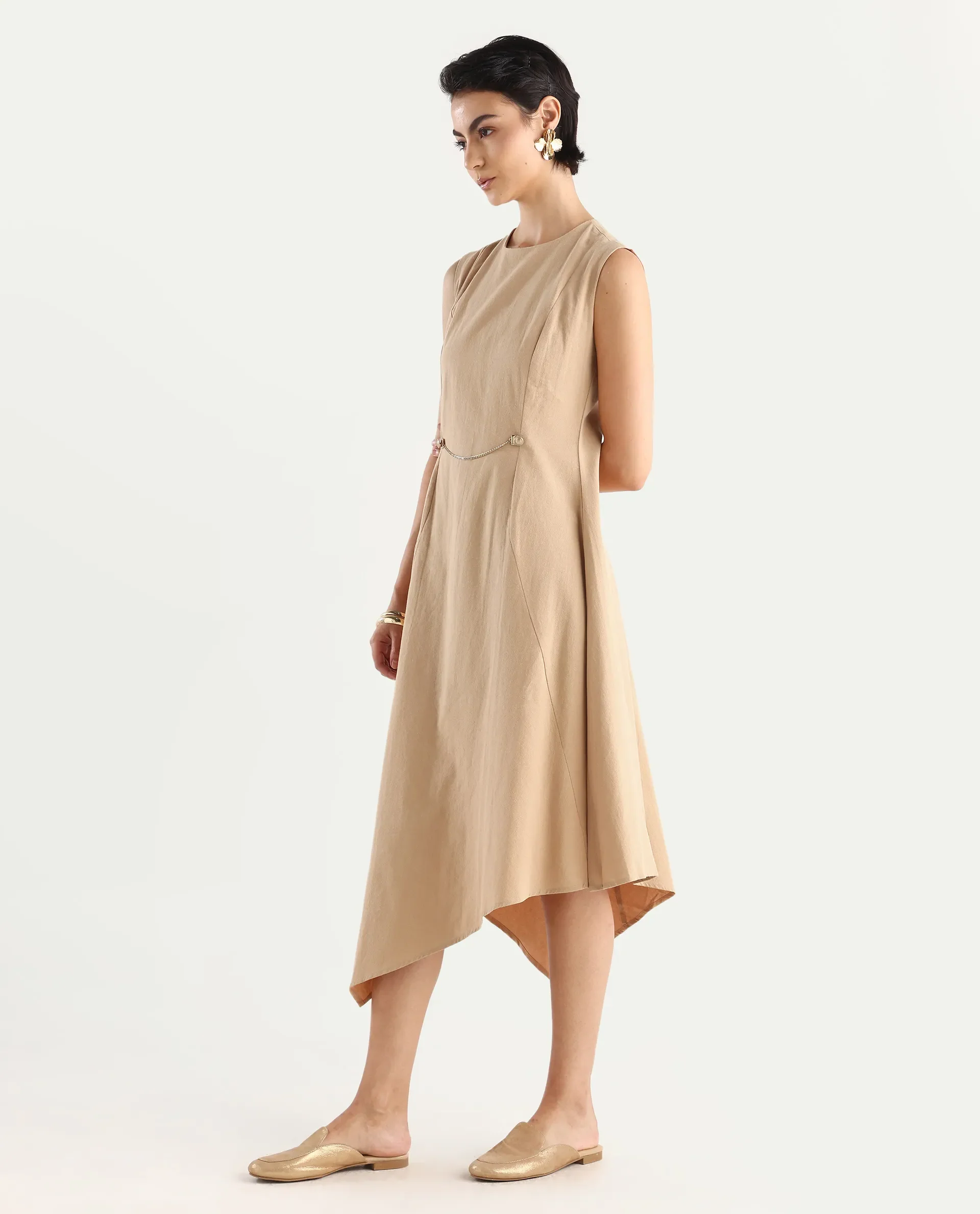 Rareism Women's Melrick Beige Cotton Crew Neck Plain Sleeveless Maxi A-Line Dress - Image 6