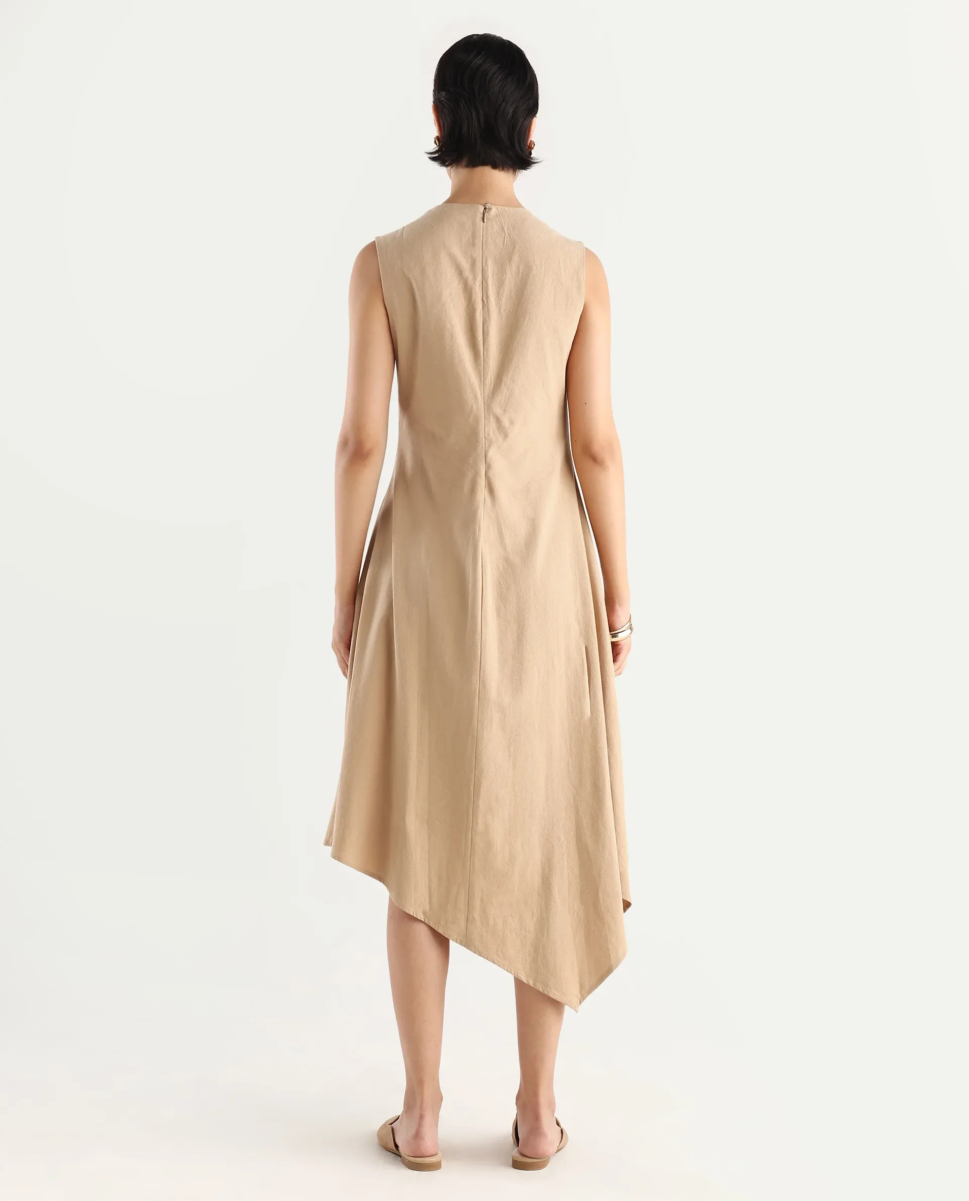 Rareism Women's Melrick Beige Cotton Crew Neck Plain Sleeveless Maxi A-Line Dress - Image 7