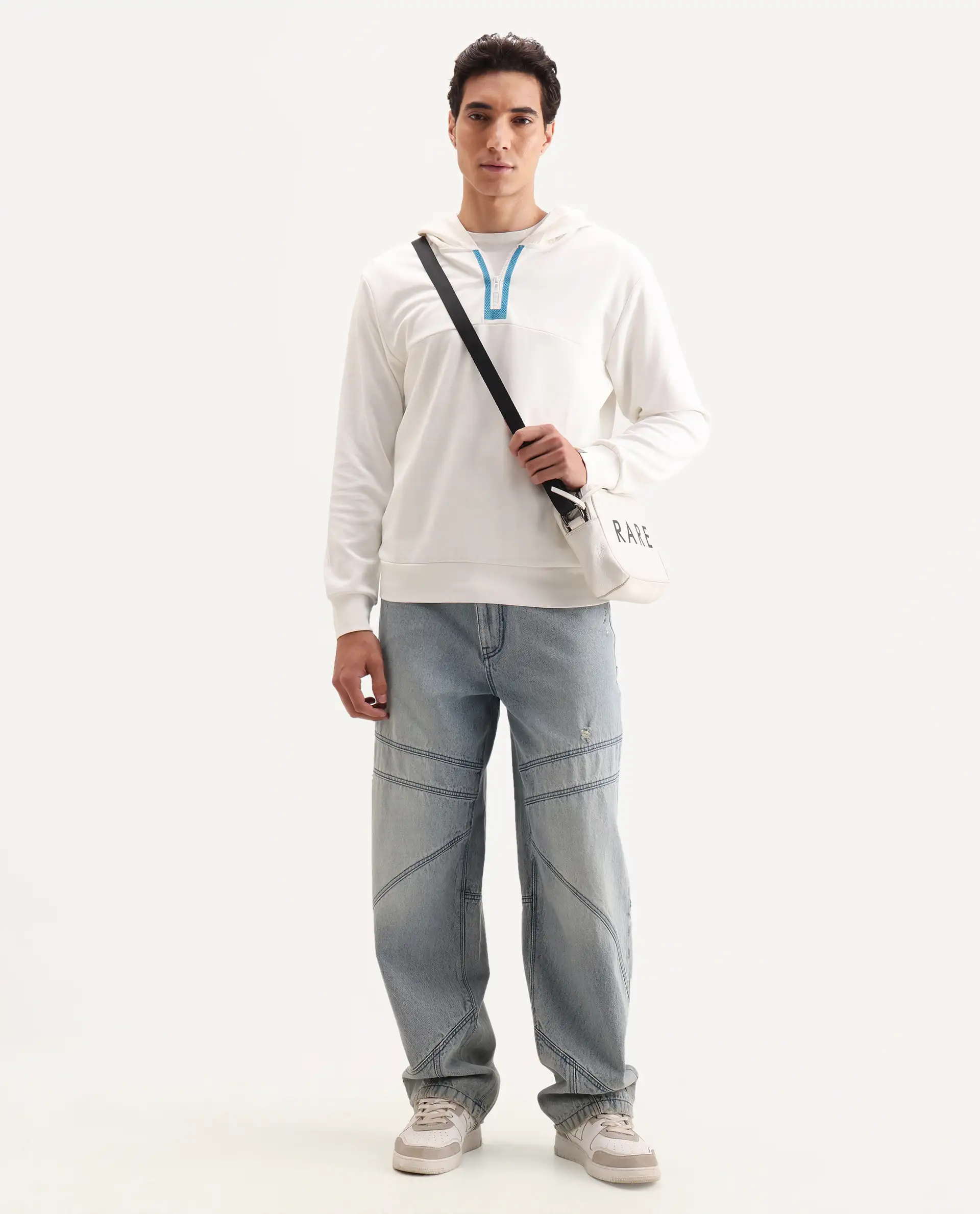 Rare Rabbit Men's Melt Off White Cotton Blend Plain Regular Fit Full Sleeve Hooded Sweatshirt - Image 2
