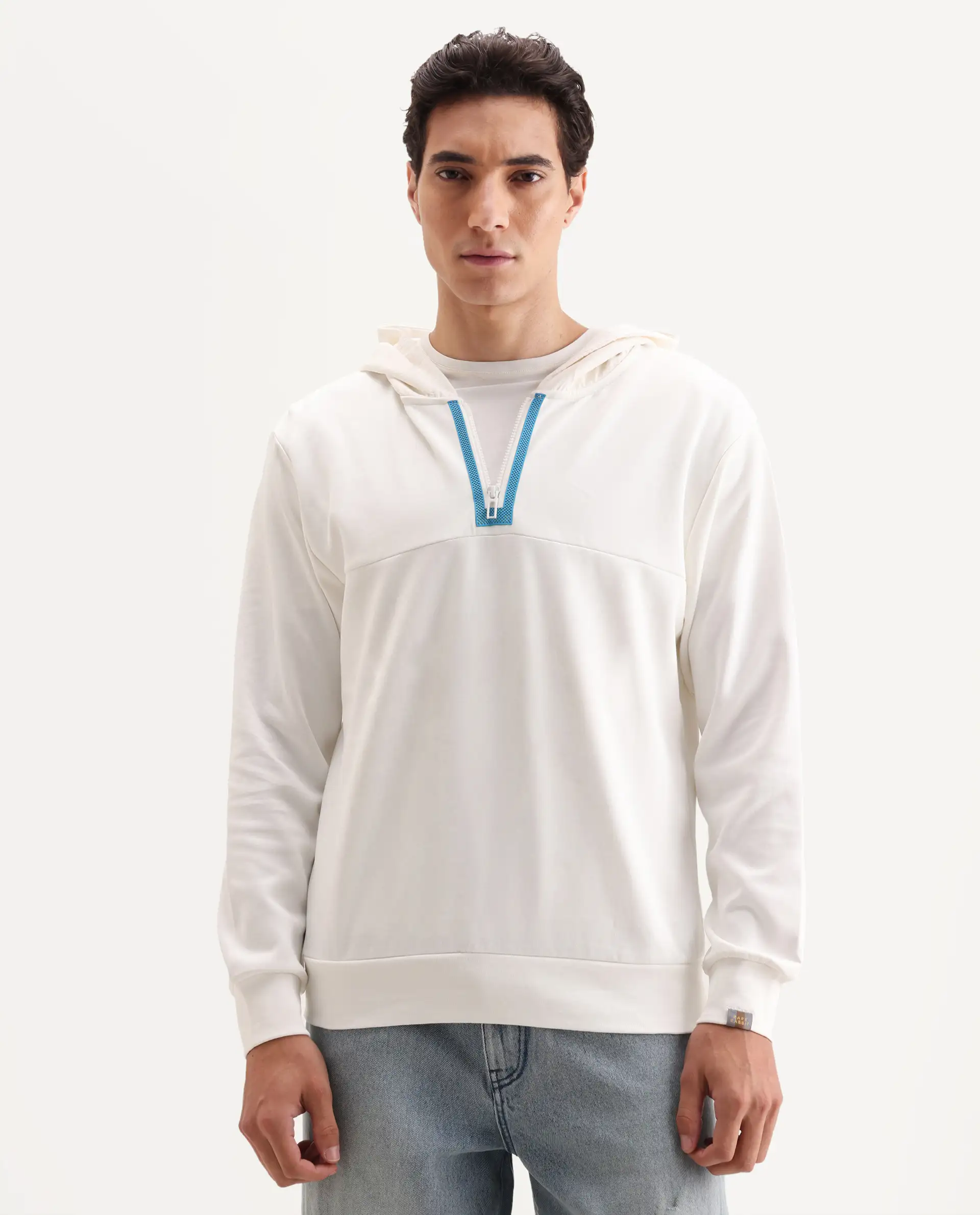 Rare Rabbit Men's Melt Off White Cotton Blend Plain Regular Fit Full Sleeve Hooded Sweatshirt - Image 3