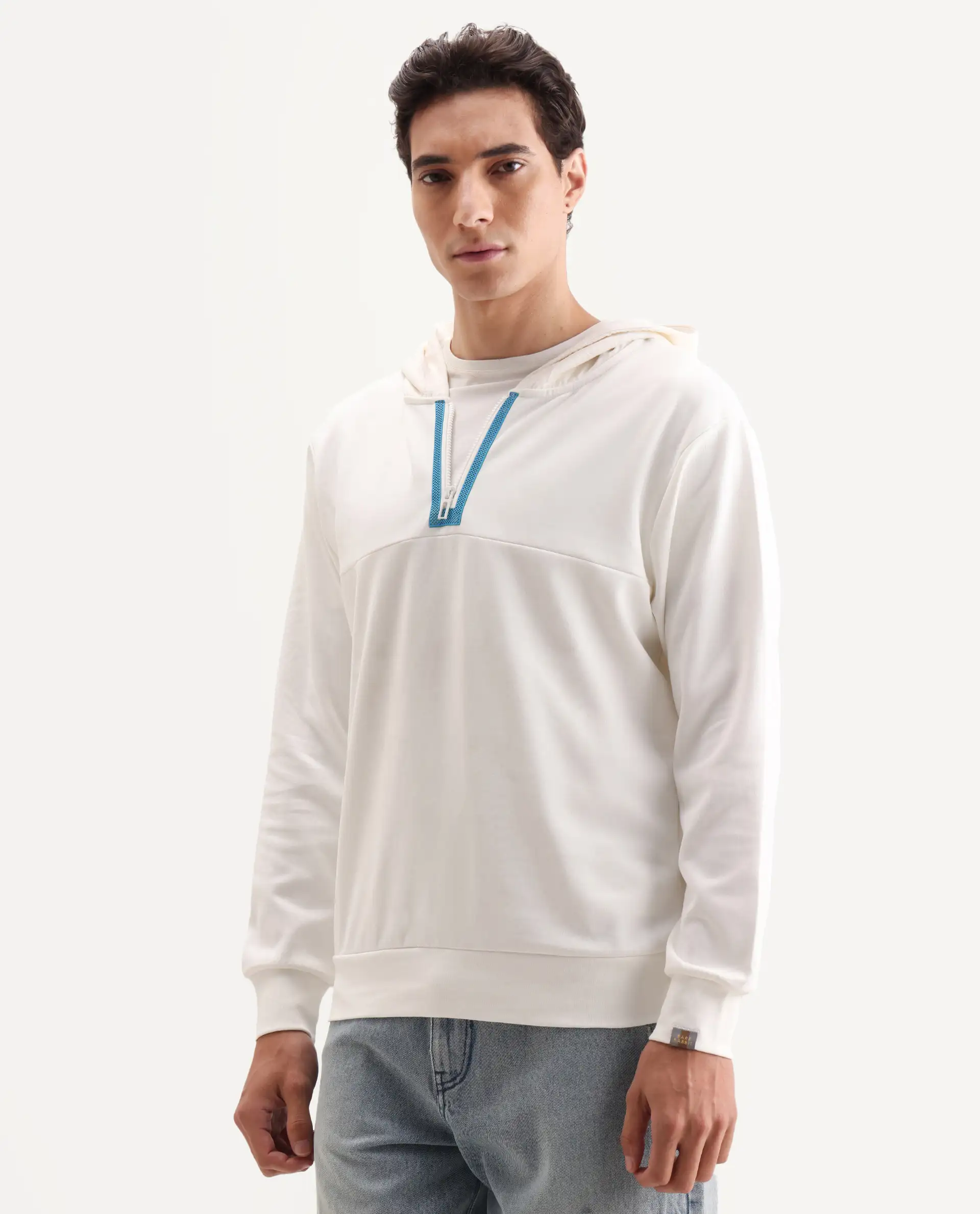 Rare Rabbit Men's Melt Off White Cotton Blend Plain Regular Fit Full Sleeve Hooded Sweatshirt - Image 5