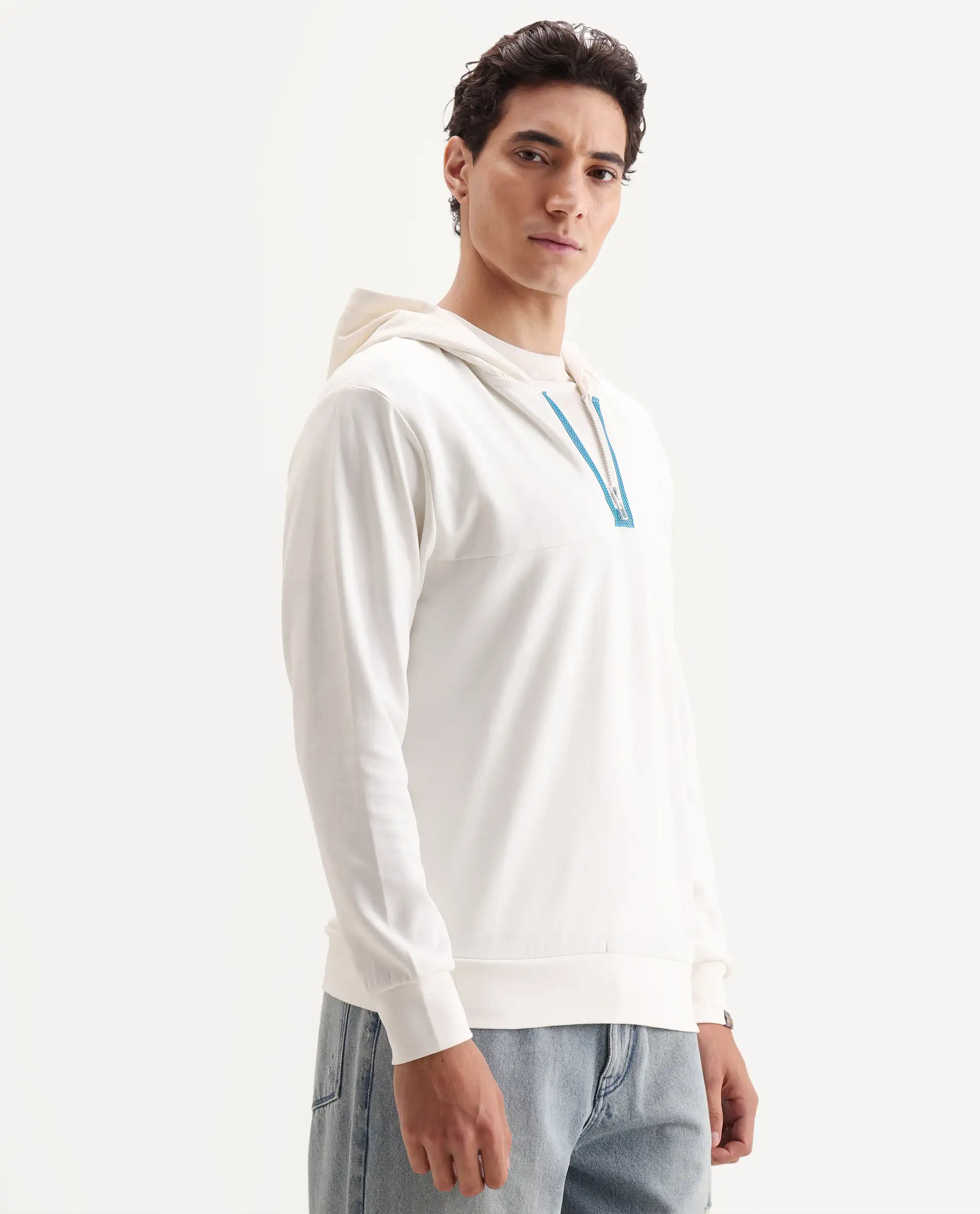 Rare Rabbit Men's Melt Off White Cotton Blend Plain Regular Fit Full Sleeve Hooded Sweatshirt - Image 6