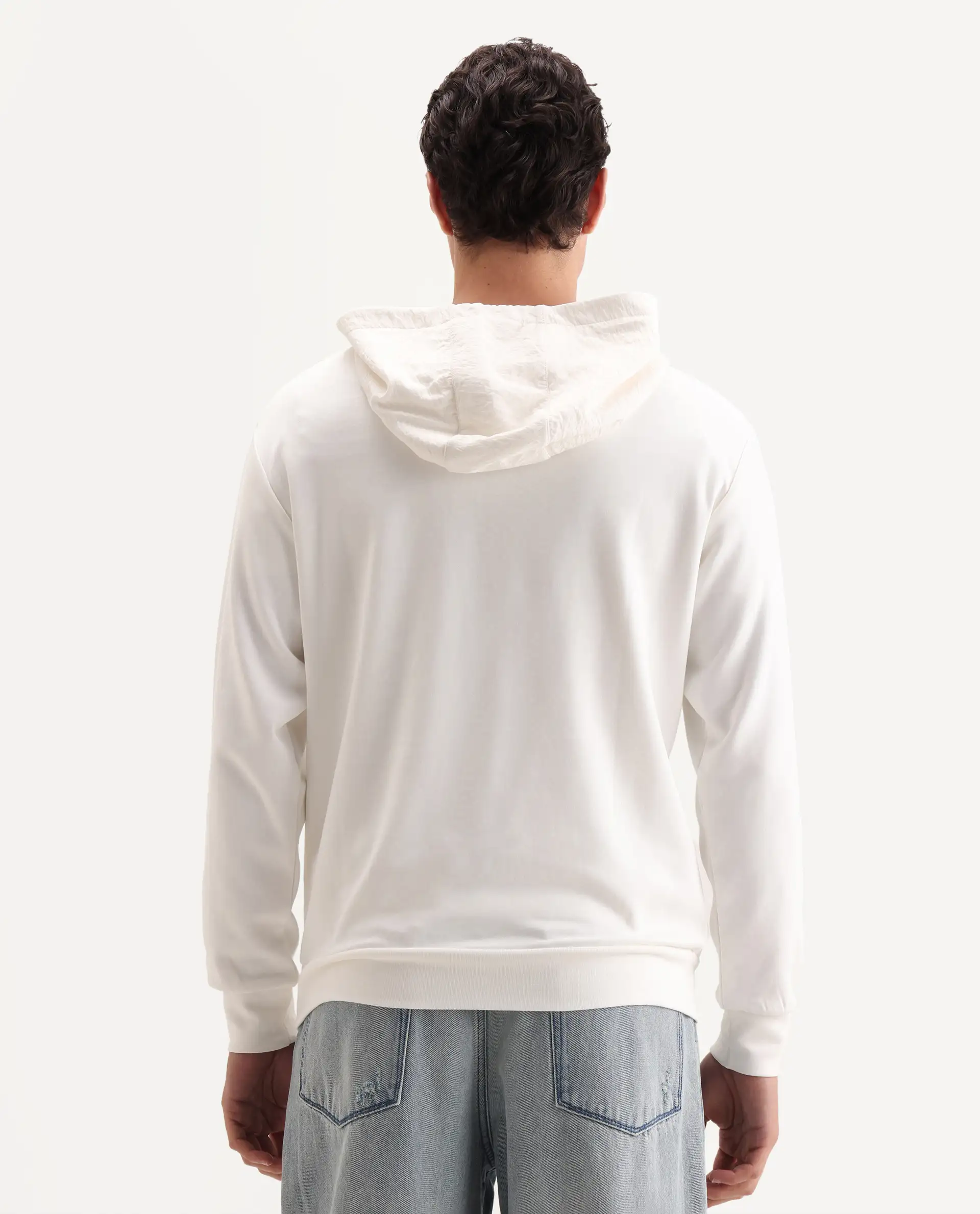 Rare Rabbit Men's Melt Off White Cotton Blend Plain Regular Fit Full Sleeve Hooded Sweatshirt - Image 7