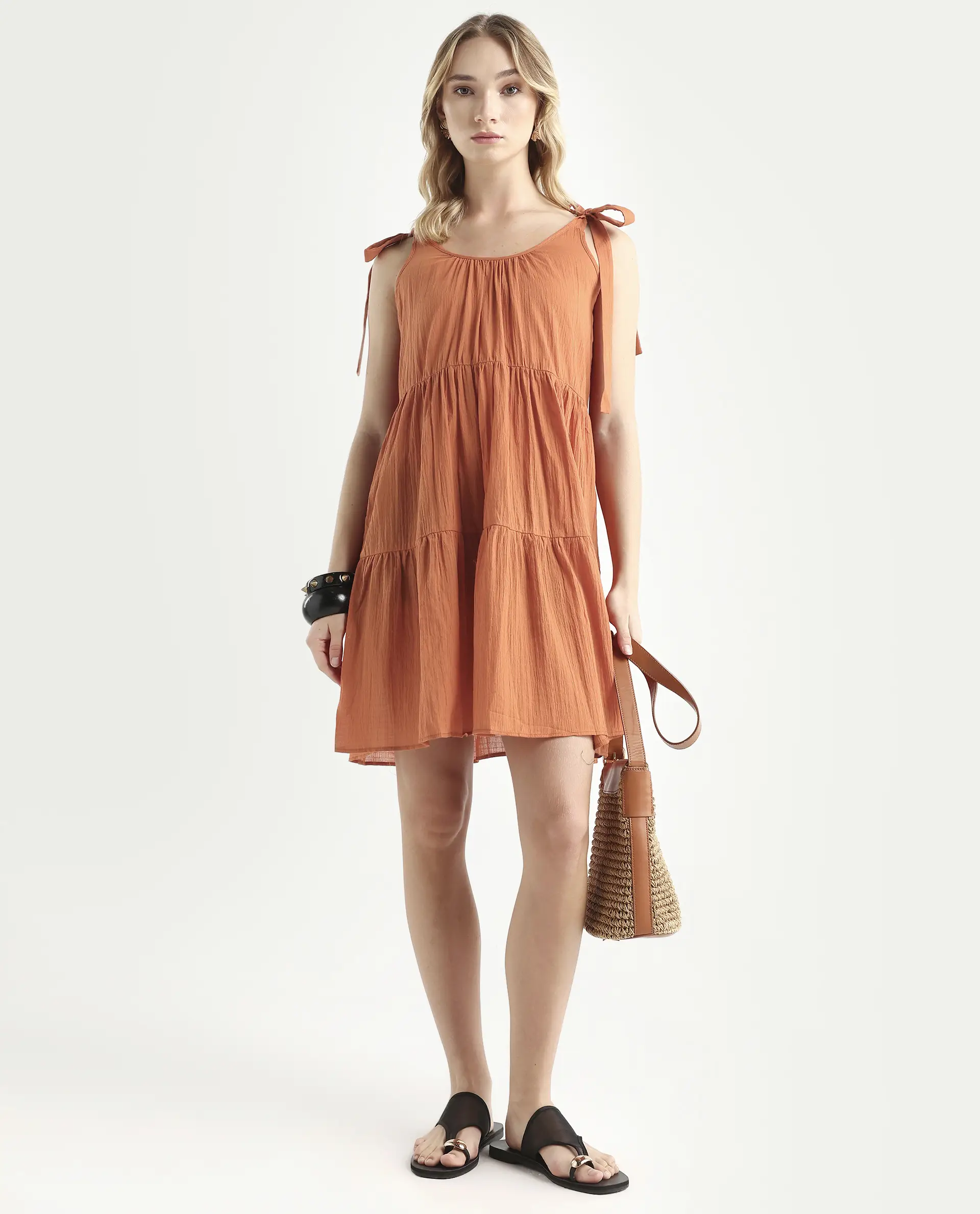 Rareism Women's Melt Rust Cotton Tie-Up Neck Plain Shoulder Strap Knee Length Regular Fit Dress - Image 2