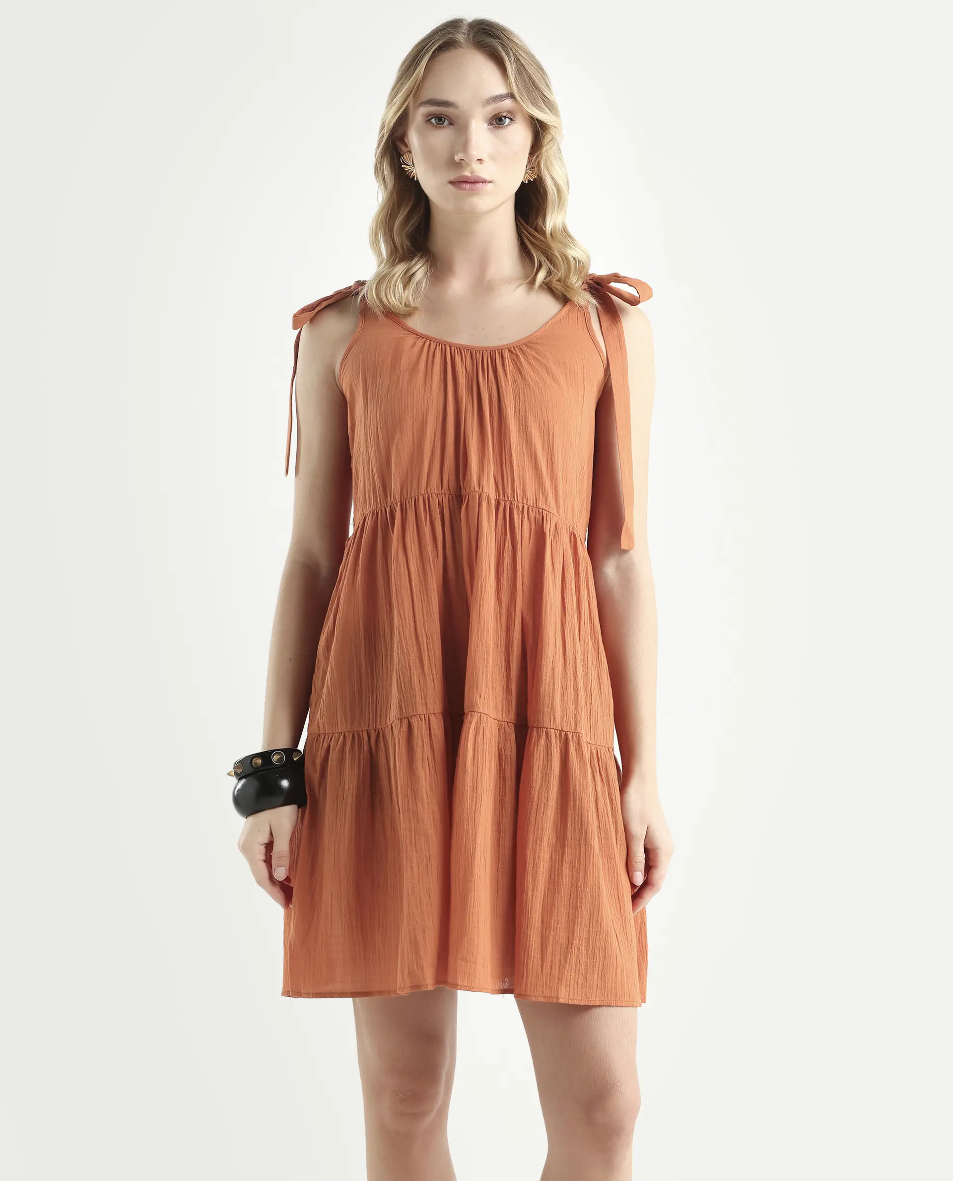 Rareism Women's Melt Rust Cotton Tie-Up Neck Plain Shoulder Strap Knee Length Regular Fit Dress - Image 4