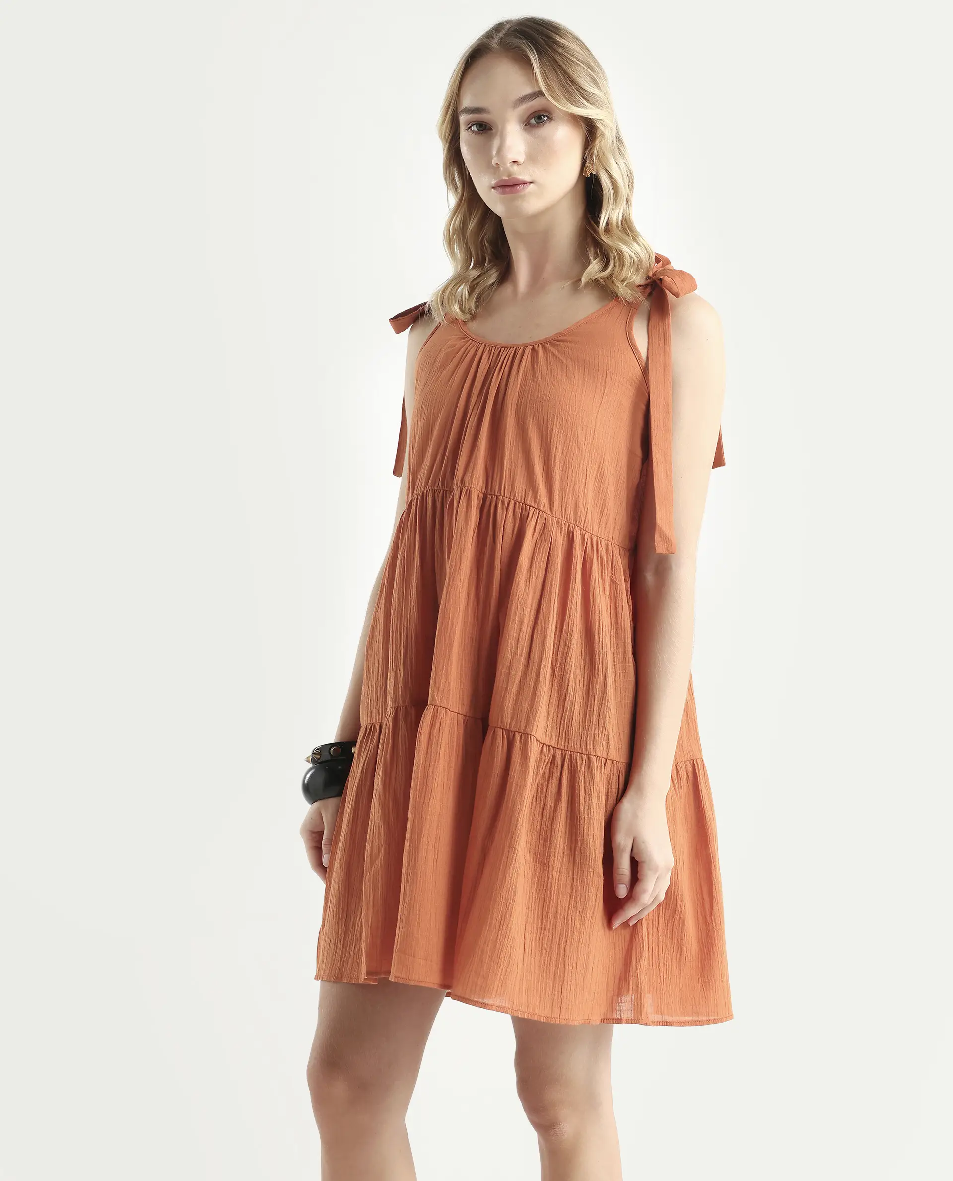 Rareism Women's Melt Rust Cotton Tie-Up Neck Plain Shoulder Strap Knee Length Regular Fit Dress - Image 5