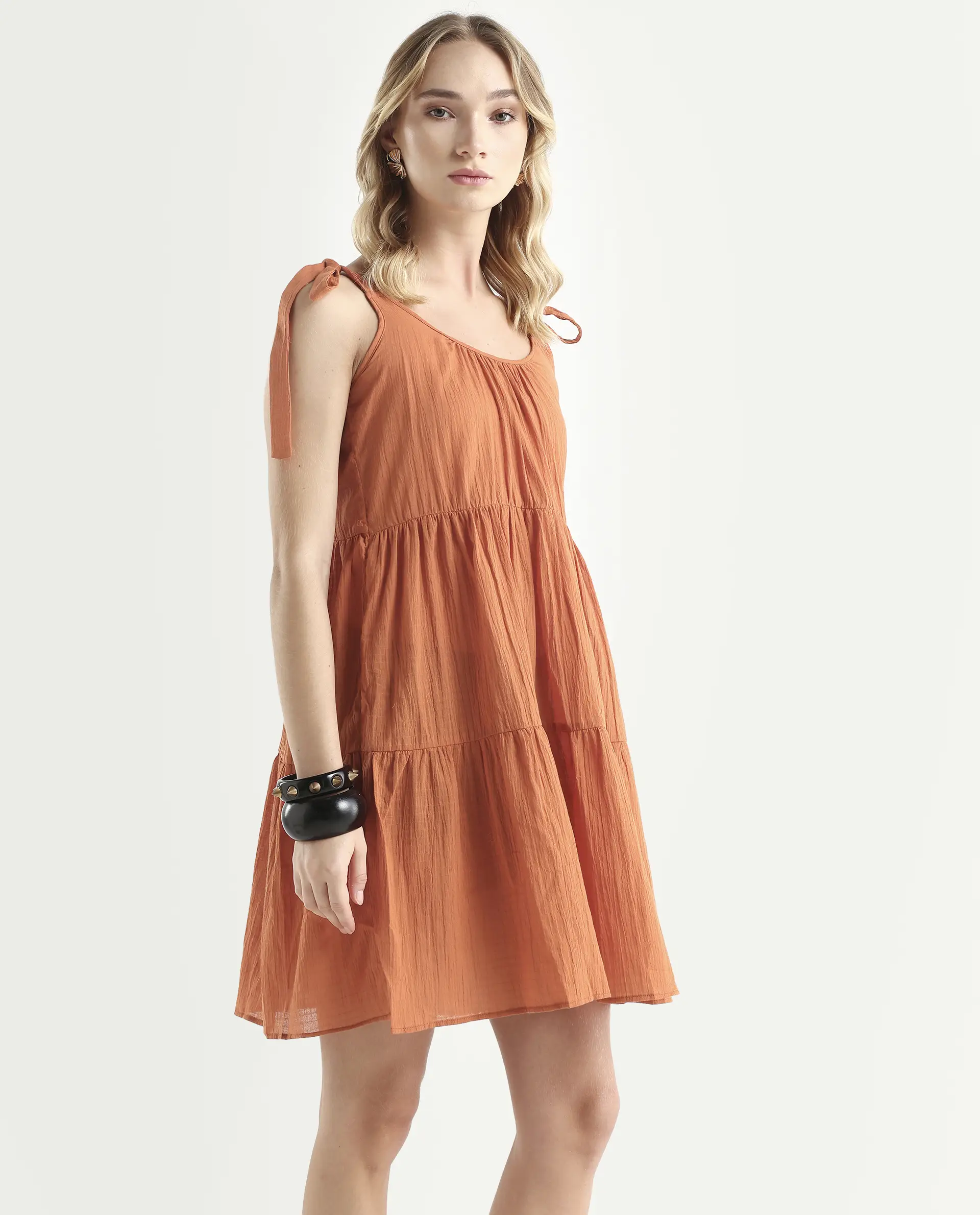 Rareism Women's Melt Rust Cotton Tie-Up Neck Plain Shoulder Strap Knee Length Regular Fit Dress - Image 6