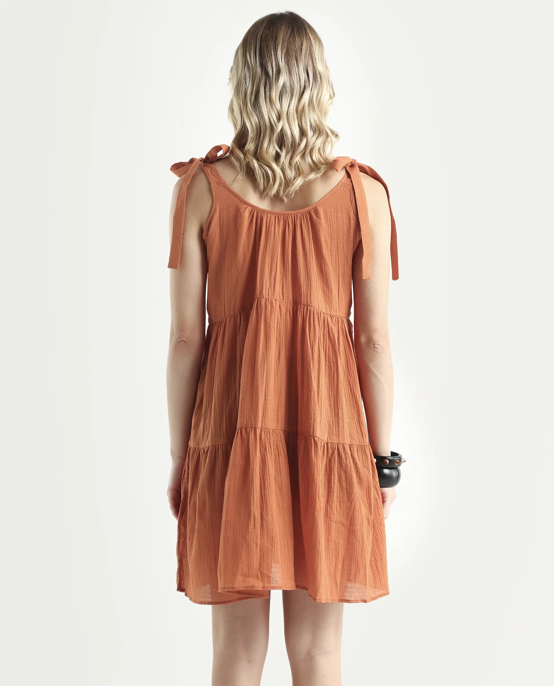 Rareism Women's Melt Rust Cotton Tie-Up Neck Plain Shoulder Strap Knee Length Regular Fit Dress - Image 7