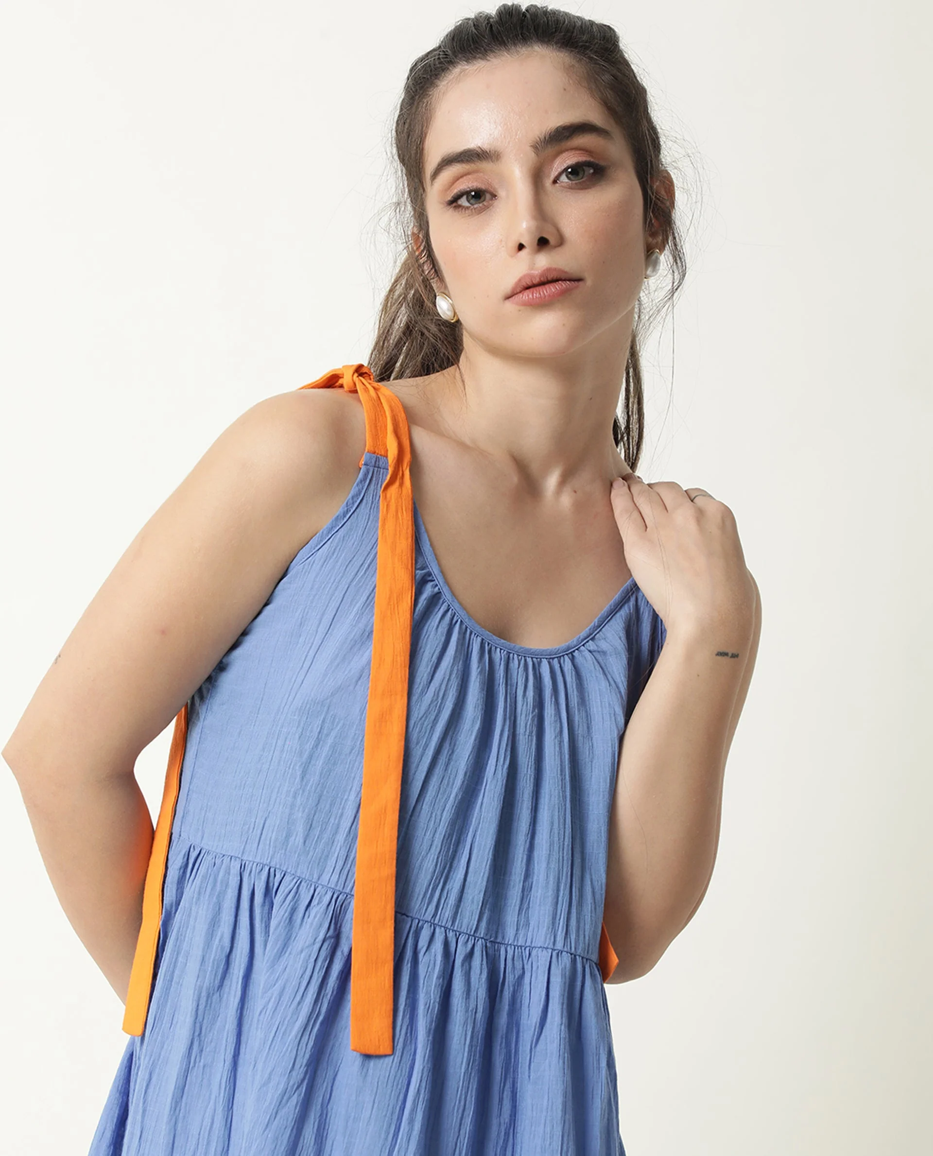 Rareism Womens Melt Blue Dress Cotton Fabric Regular Fit Sleeveless Scoop Neck - Image 2
