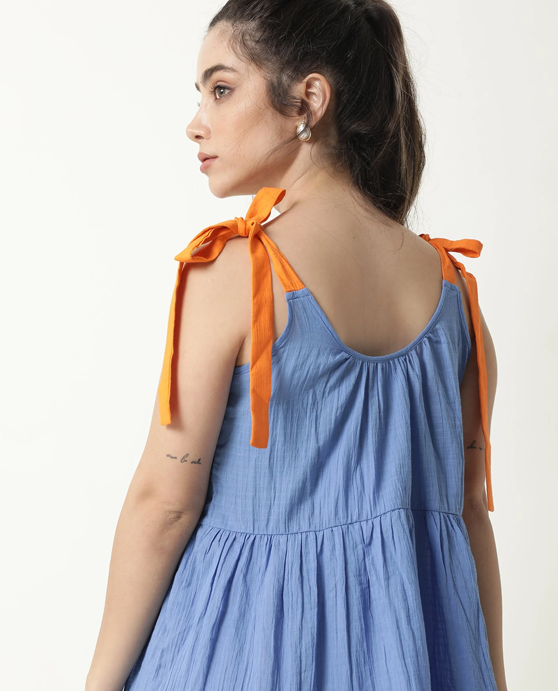 Rareism Womens Melt Blue Dress Cotton Fabric Regular Fit Sleeveless Scoop Neck - Image 3
