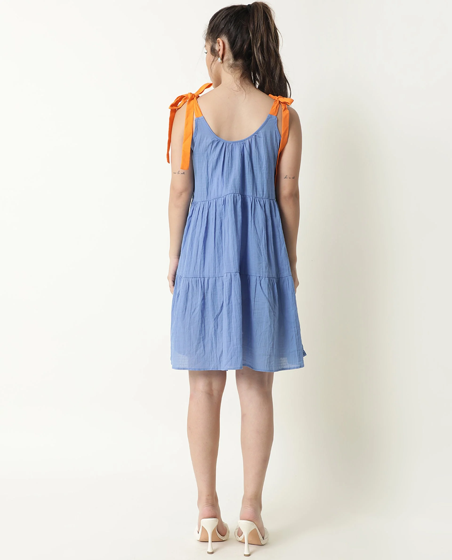 Rareism Womens Melt Blue Dress Cotton Fabric Regular Fit Sleeveless Scoop Neck - Image 4