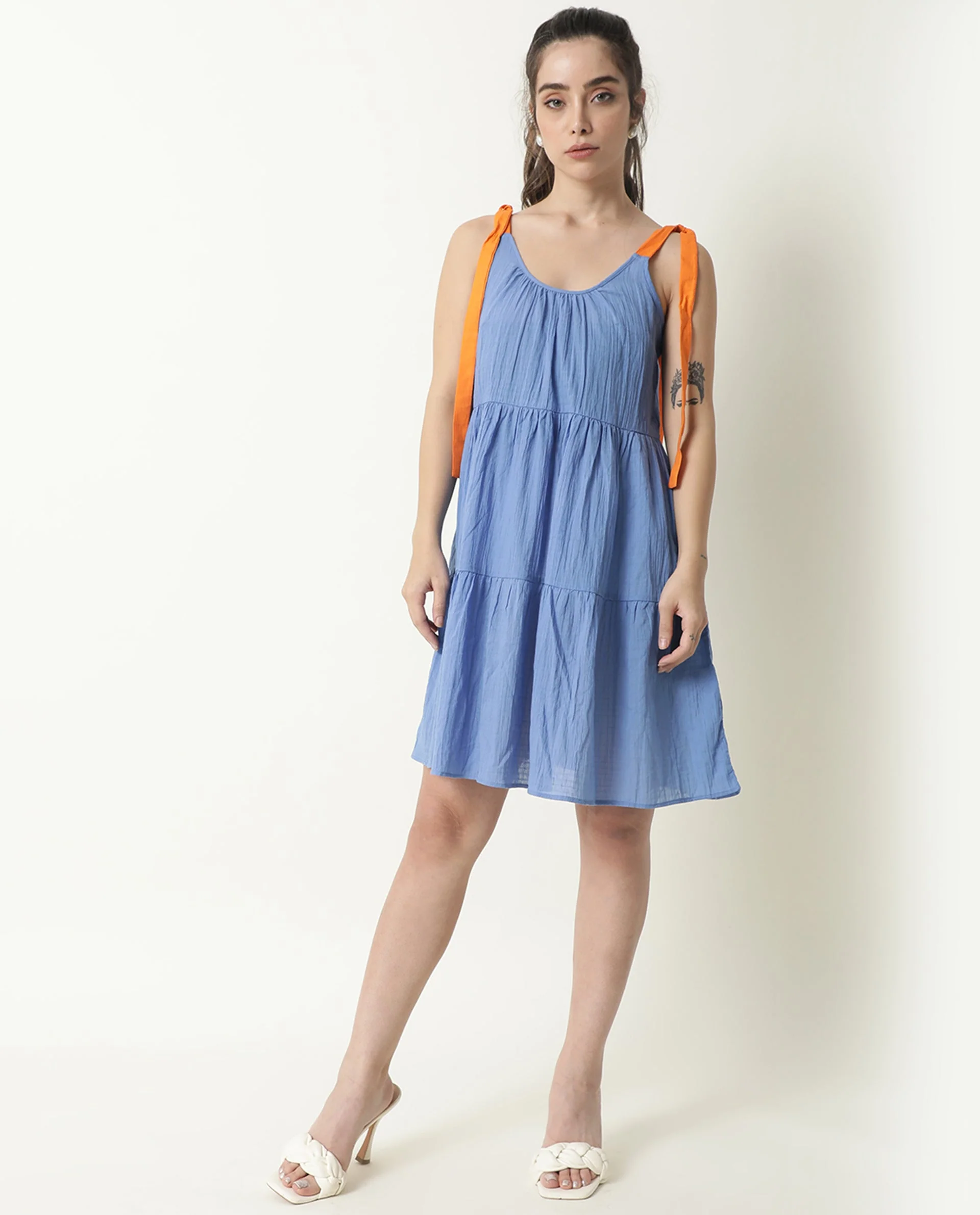 Rareism Womens Melt Blue Dress Cotton Fabric Regular Fit Sleeveless Scoop Neck - Image 6