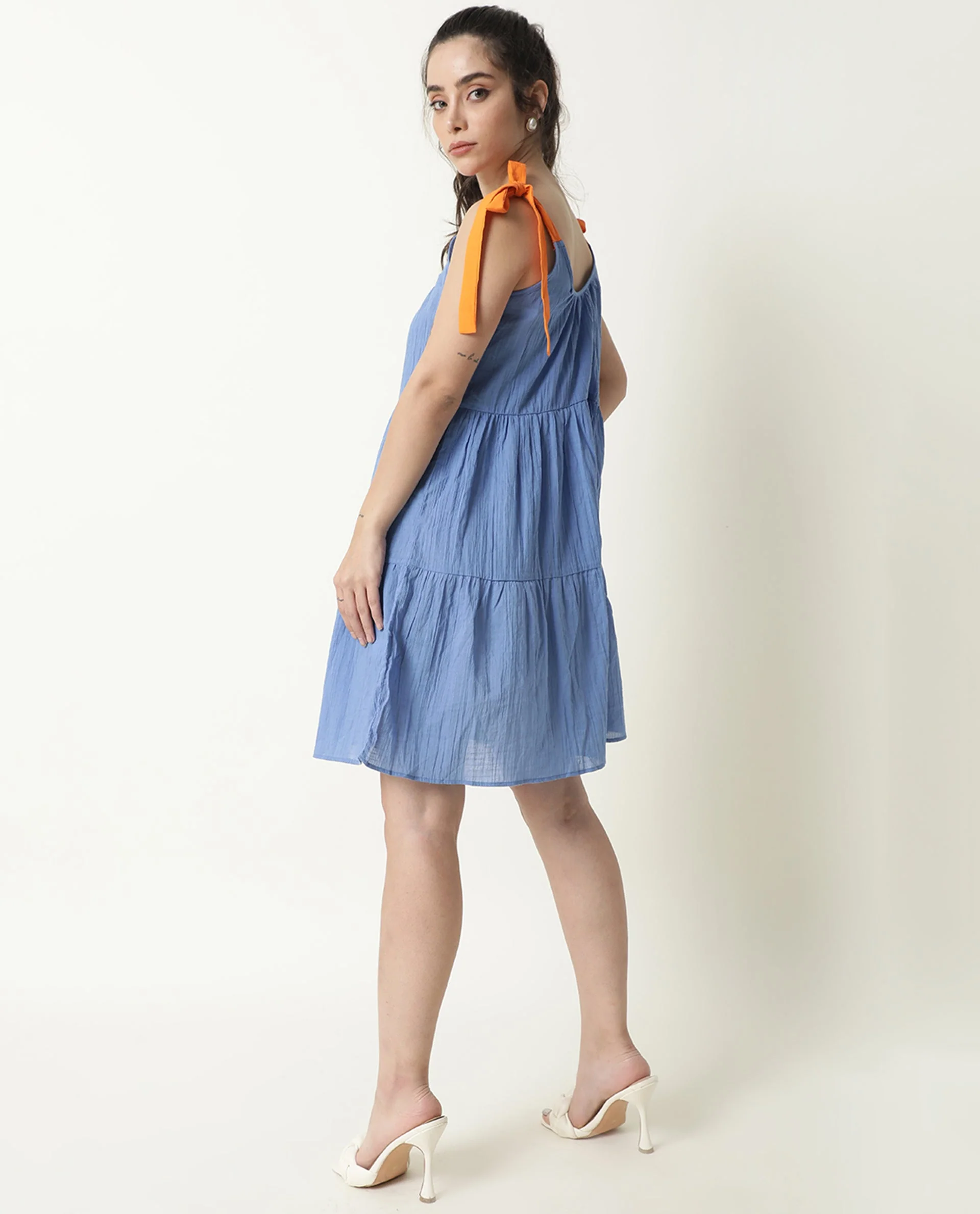 Rareism Womens Melt Blue Dress Cotton Fabric Regular Fit Sleeveless Scoop Neck - Image 7