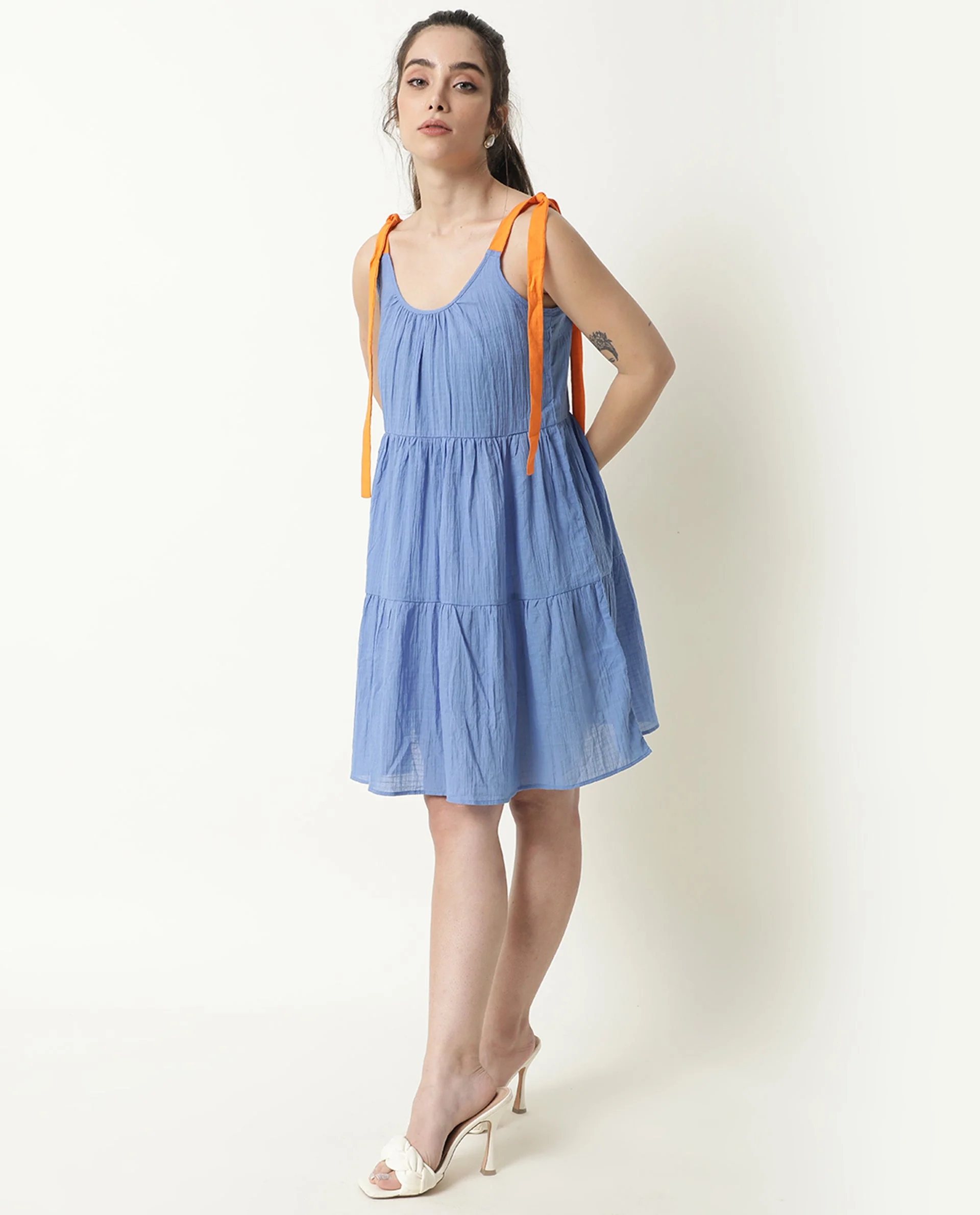 Rareism Womens Melt Blue Dress Cotton Fabric Regular Fit Sleeveless Scoop Neck - Image 8