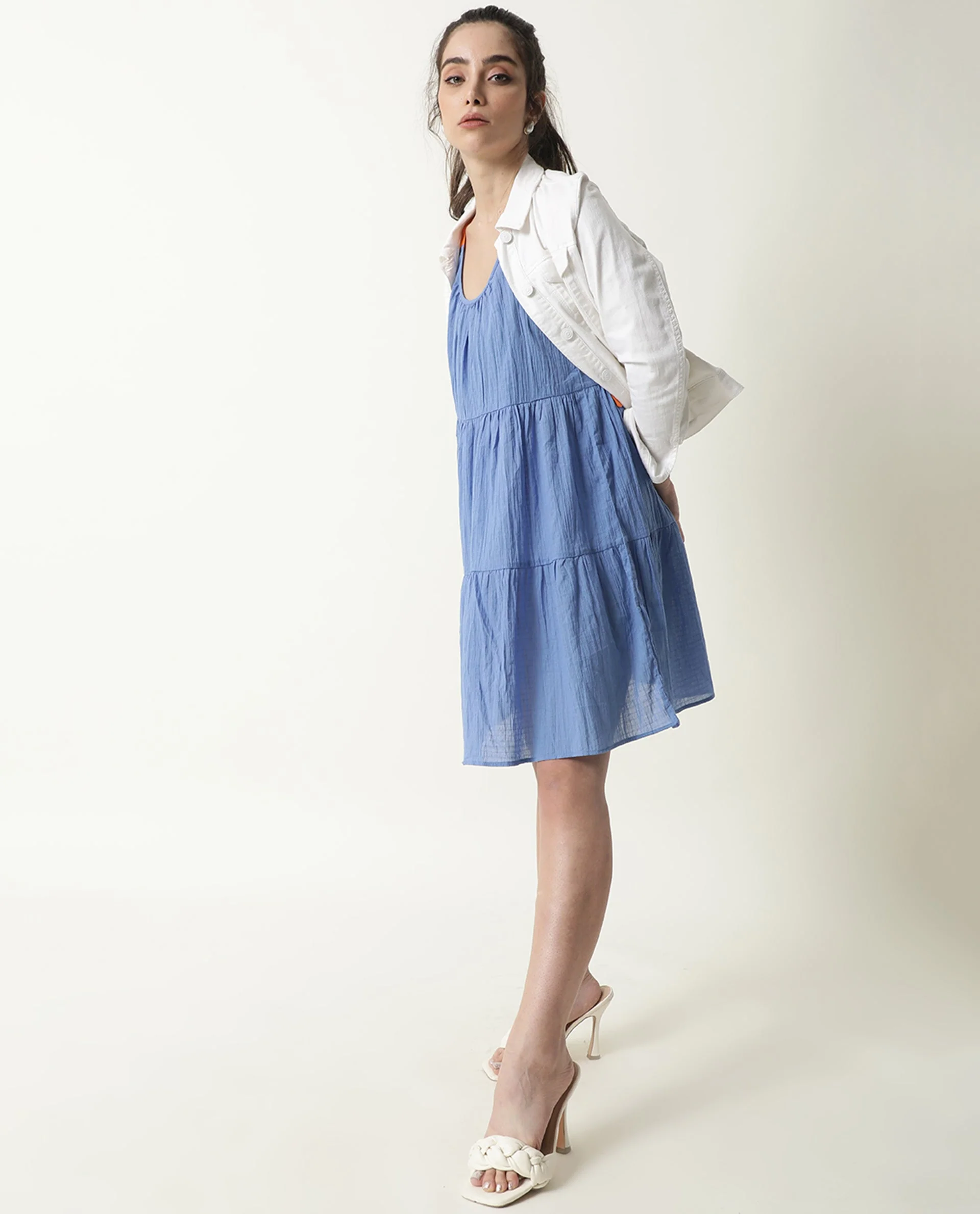 Rareism Womens Melt Blue Dress Cotton Fabric Regular Fit Sleeveless Scoop Neck - Image 9
