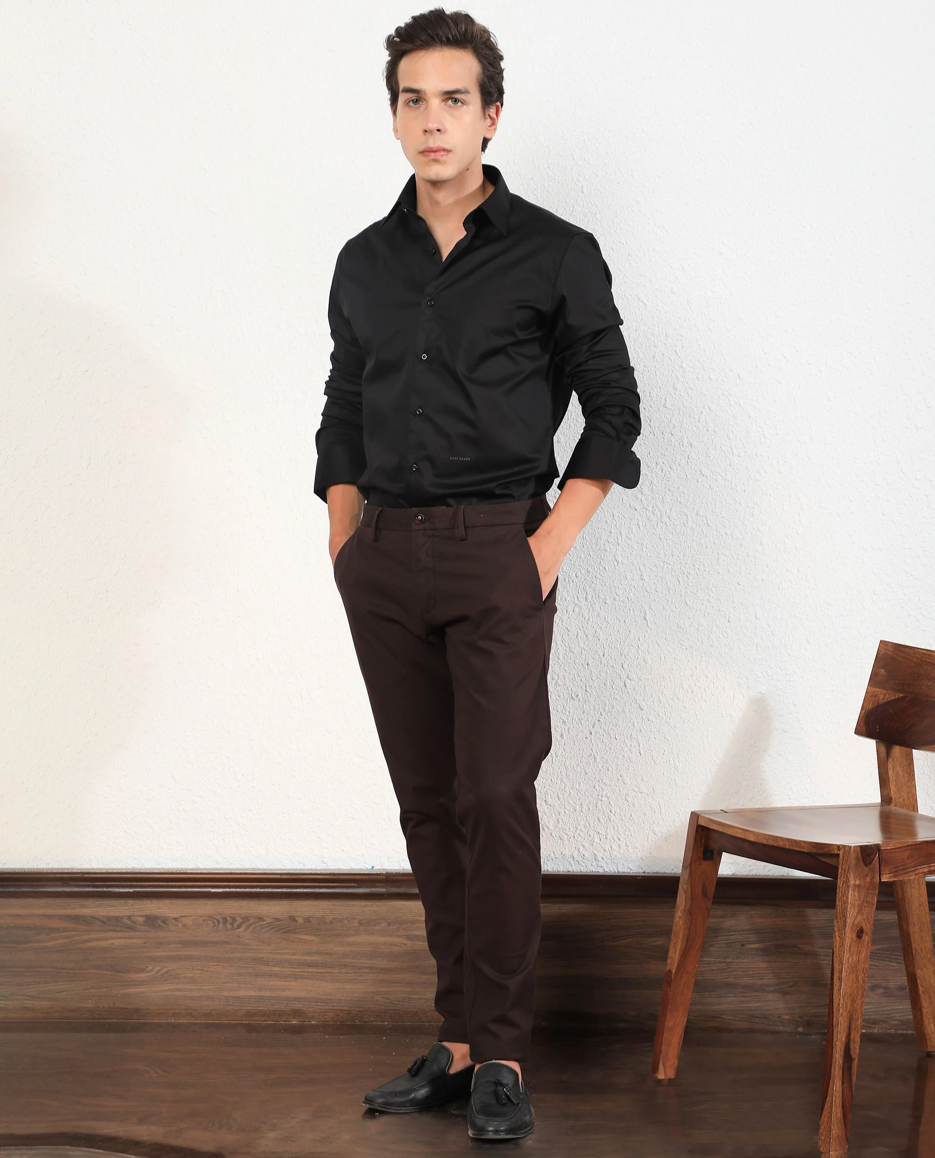 Rare Rabbit Men's Melton Black Cotton Plain Tailored Fit Full Sleeve Collared Shirt - Image 2