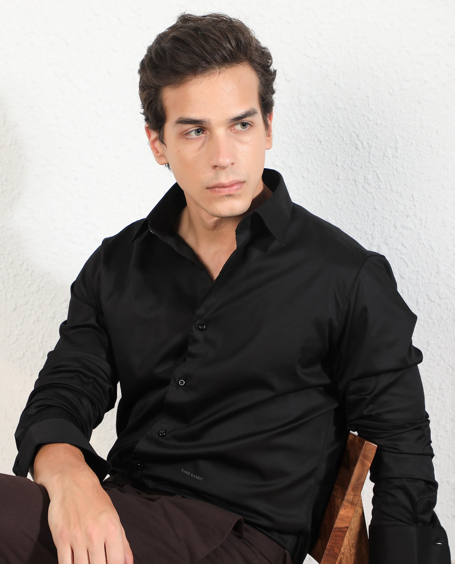 Rare Rabbit Men's Melton Black Cotton Plain Tailored Fit Full Sleeve Collared Shirt - Image 3