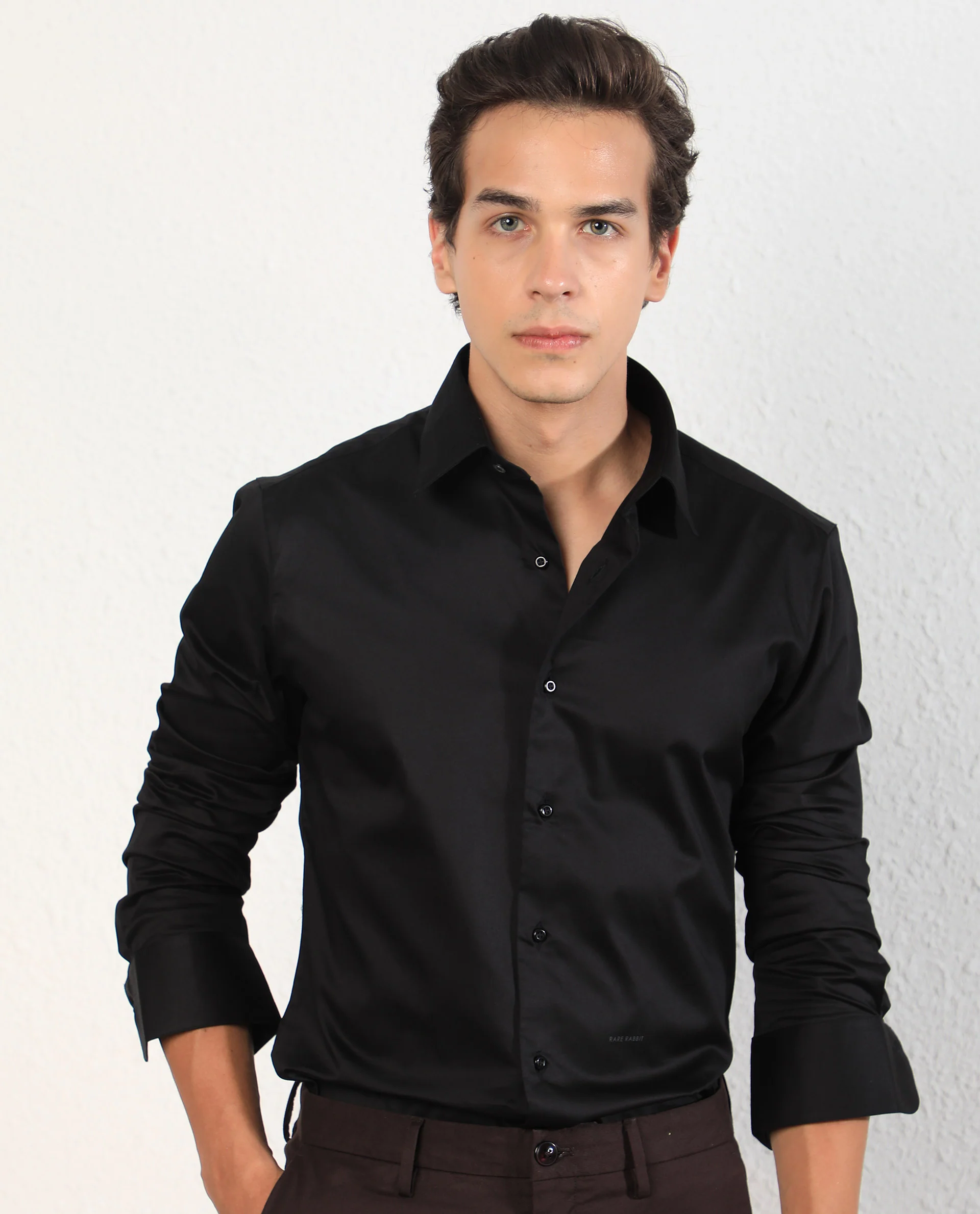 Rare Rabbit Men's Melton Black Cotton Plain Tailored Fit Full Sleeve Collared Shirt - Image 4