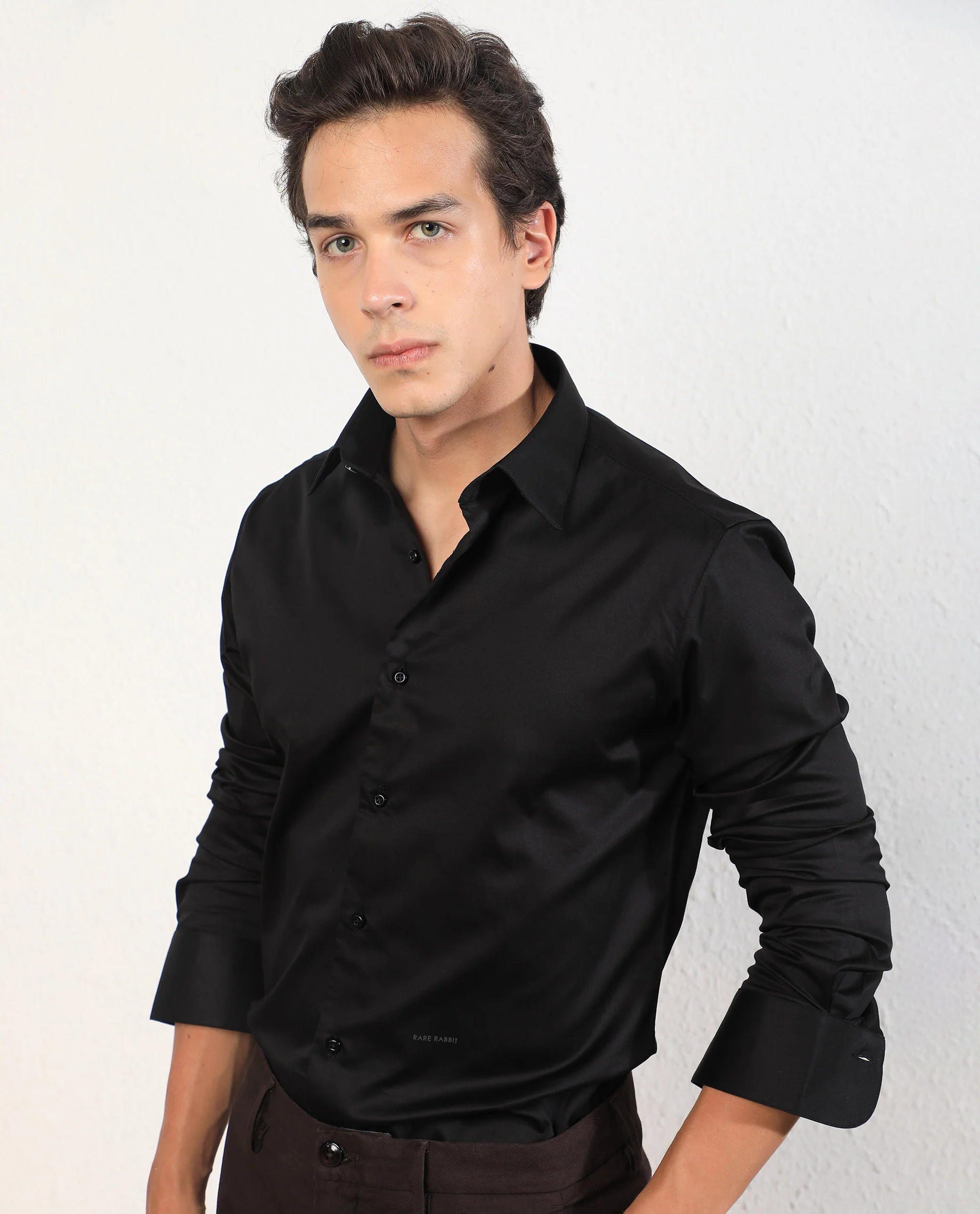 Rare Rabbit Men's Melton Black Cotton Plain Tailored Fit Full Sleeve Collared Shirt - Image 5