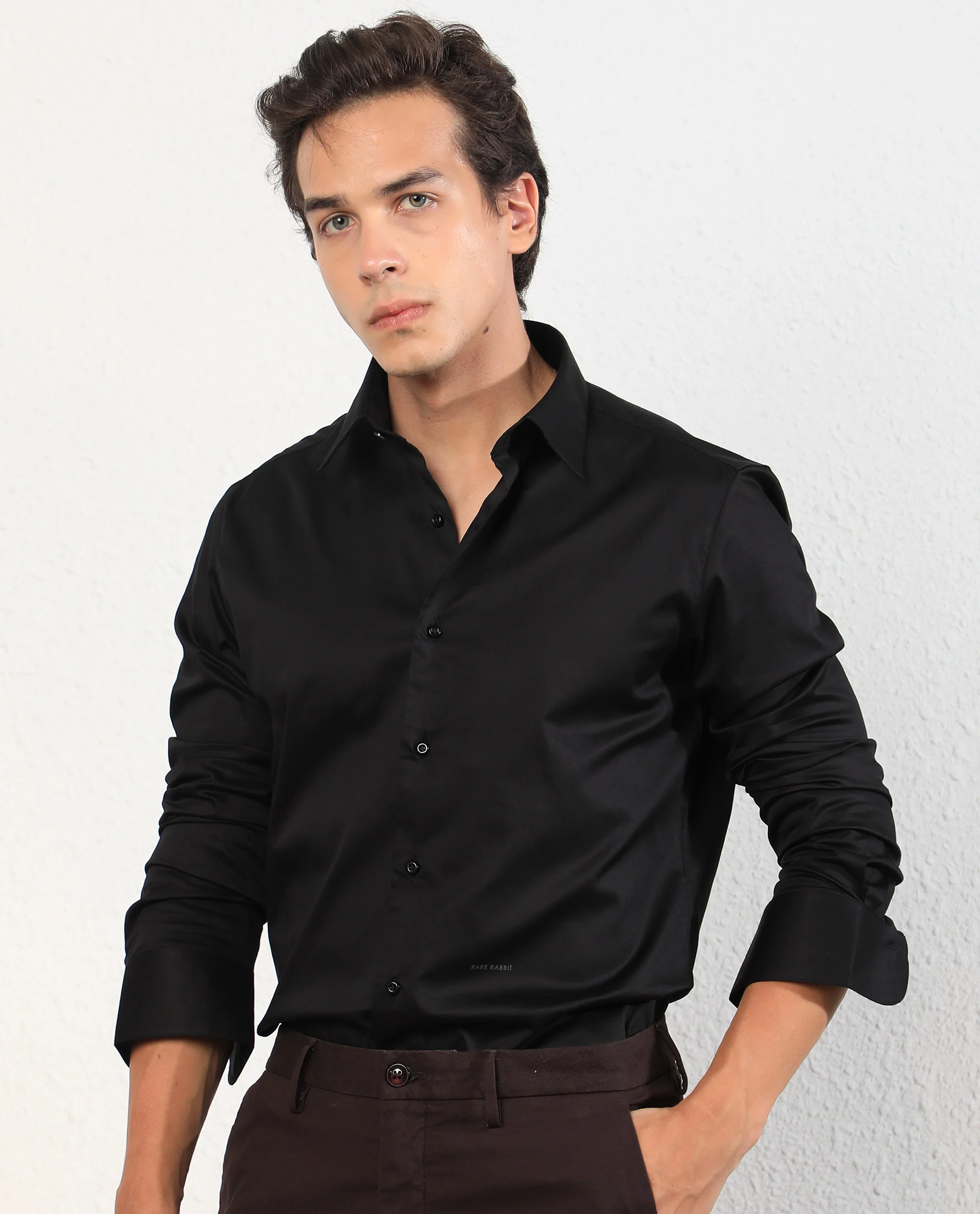 Rare Rabbit Men's Melton Black Cotton Plain Tailored Fit Full Sleeve Collared Shirt - Image 8