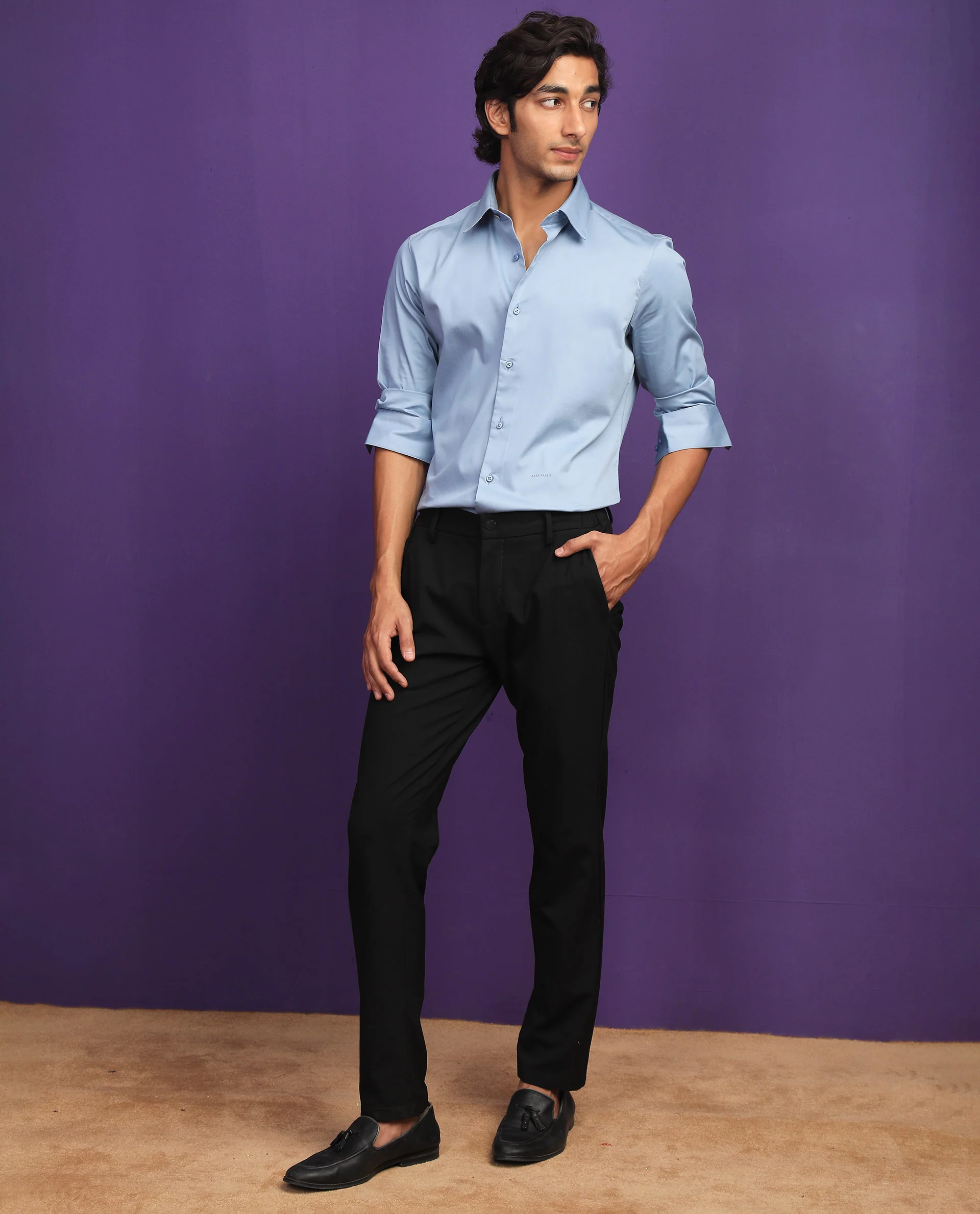 Rare Rabbit Men's Melton Light Blue Cotton Plain Tailored Fit Full Sleeve Collared Shirt - Image 2