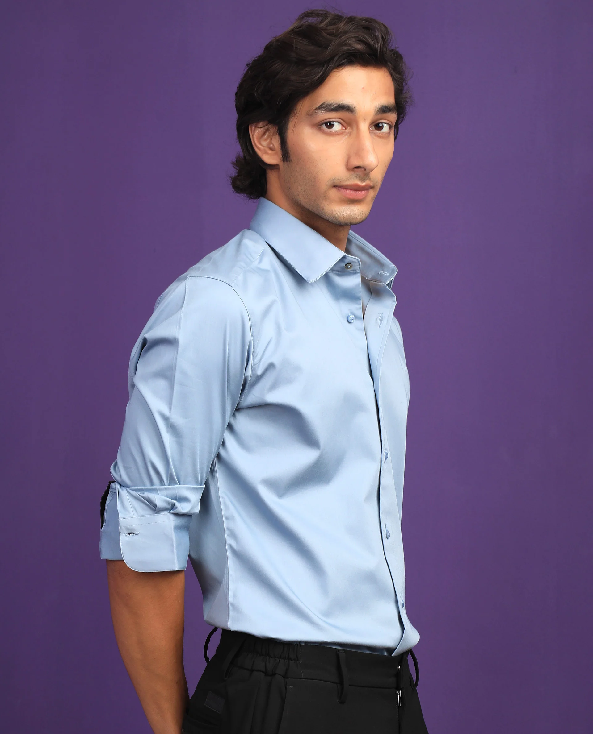 Rare Rabbit Men's Melton Light Blue Cotton Plain Tailored Fit Full Sleeve Collared Shirt - Image 6