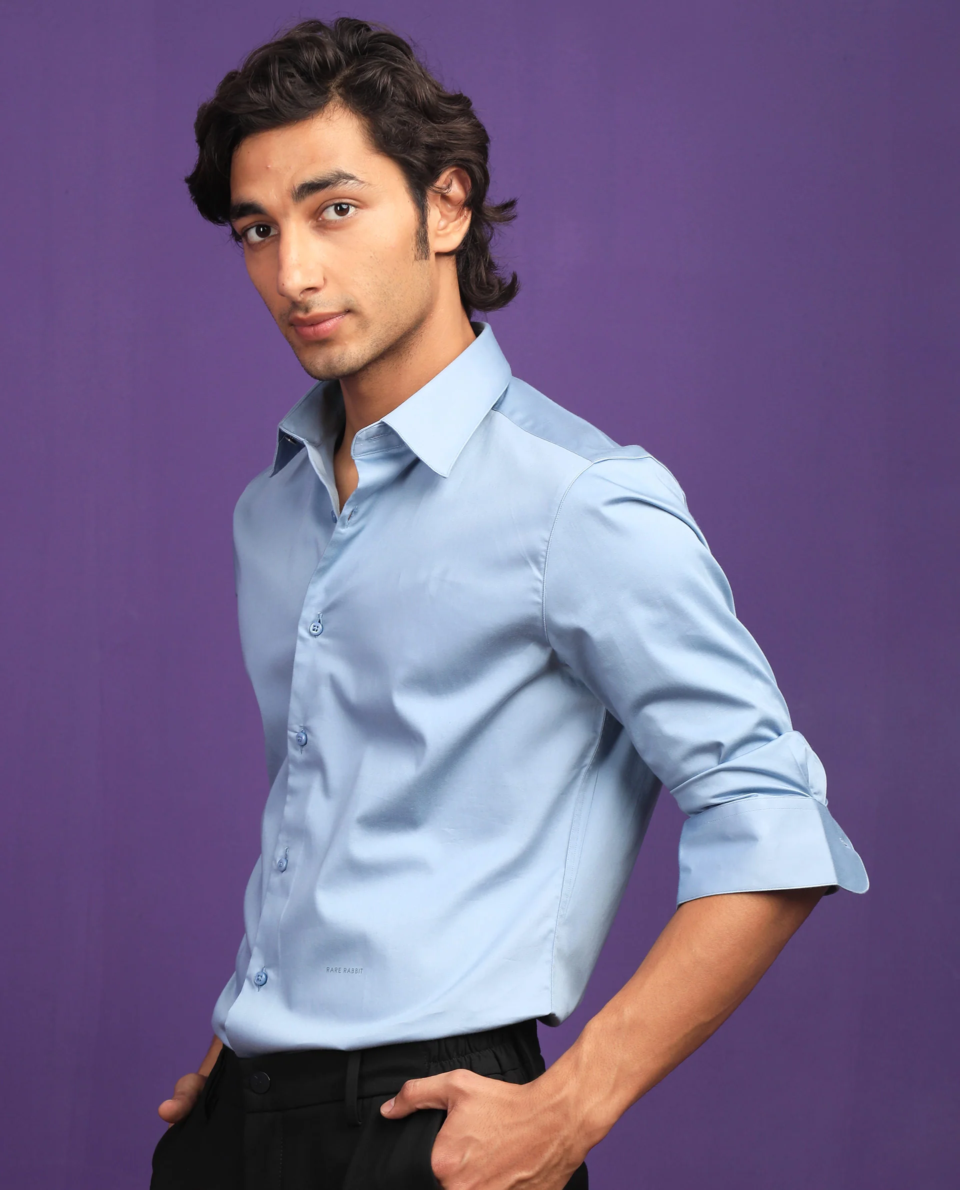 Rare Rabbit Men's Melton Light Blue Cotton Plain Tailored Fit Full Sleeve Collared Shirt - Image 7