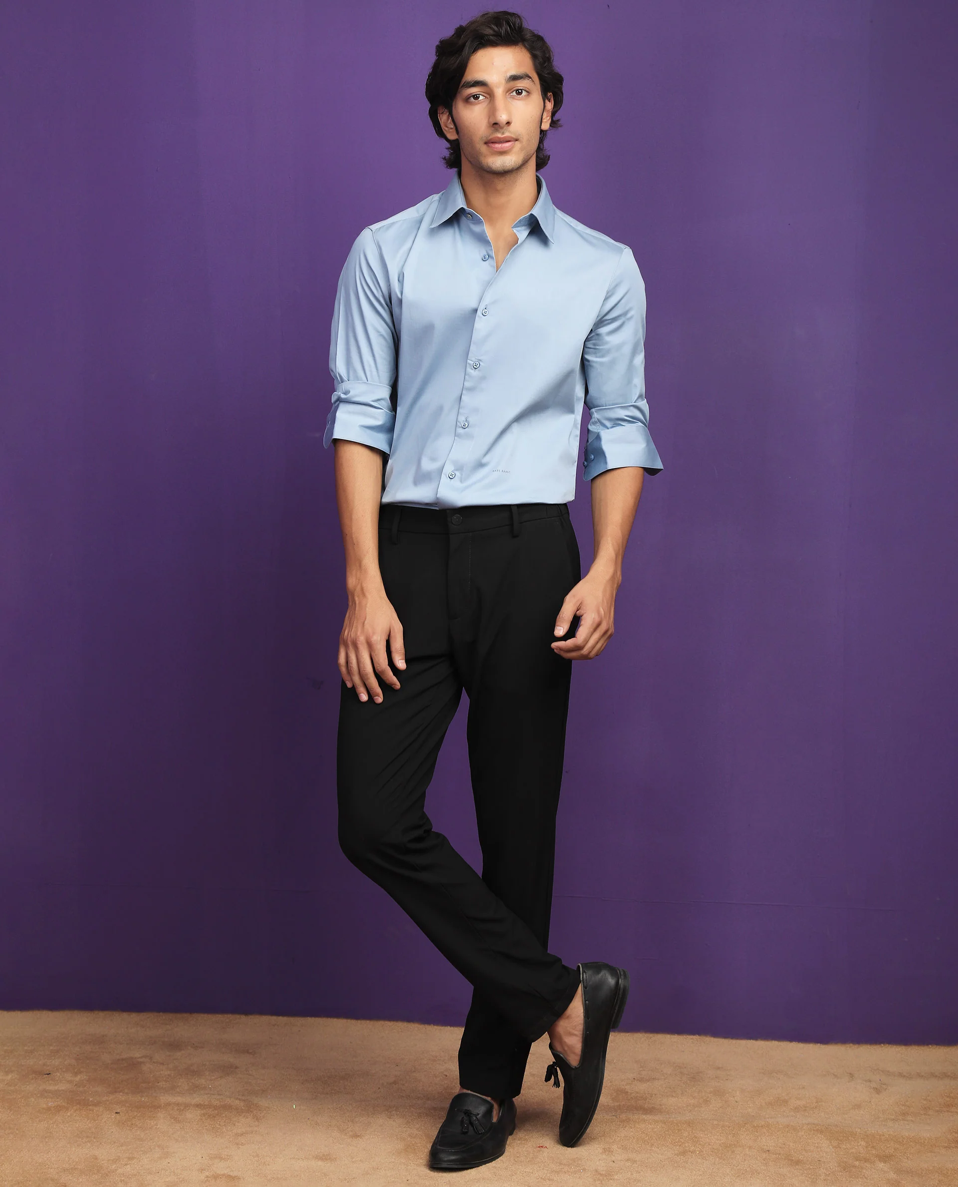 Rare Rabbit Men's Melton Light Blue Cotton Plain Tailored Fit Full Sleeve Collared Shirt - Image 8