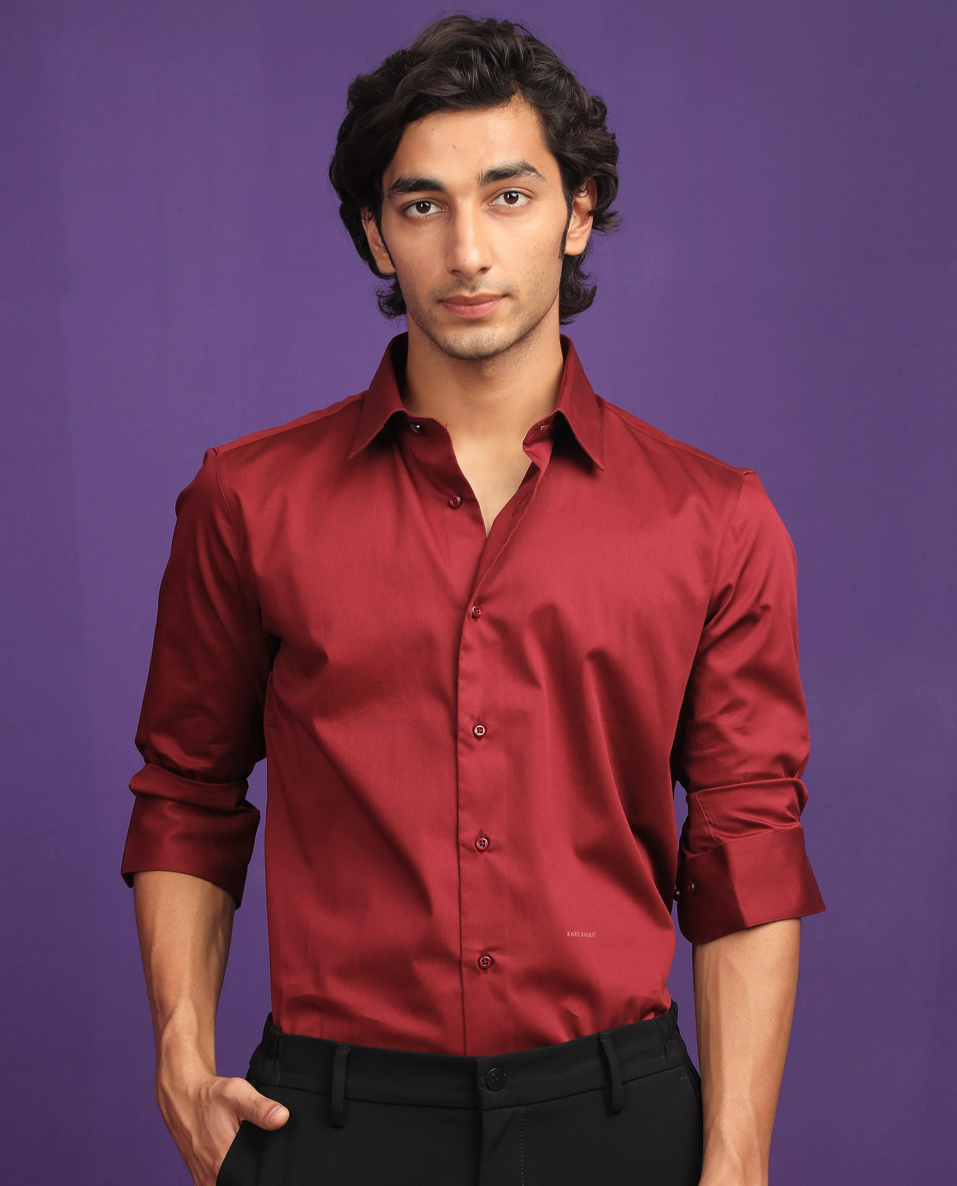 Rare Rabbit Men's Melton Maroon Regular Fit Shirt