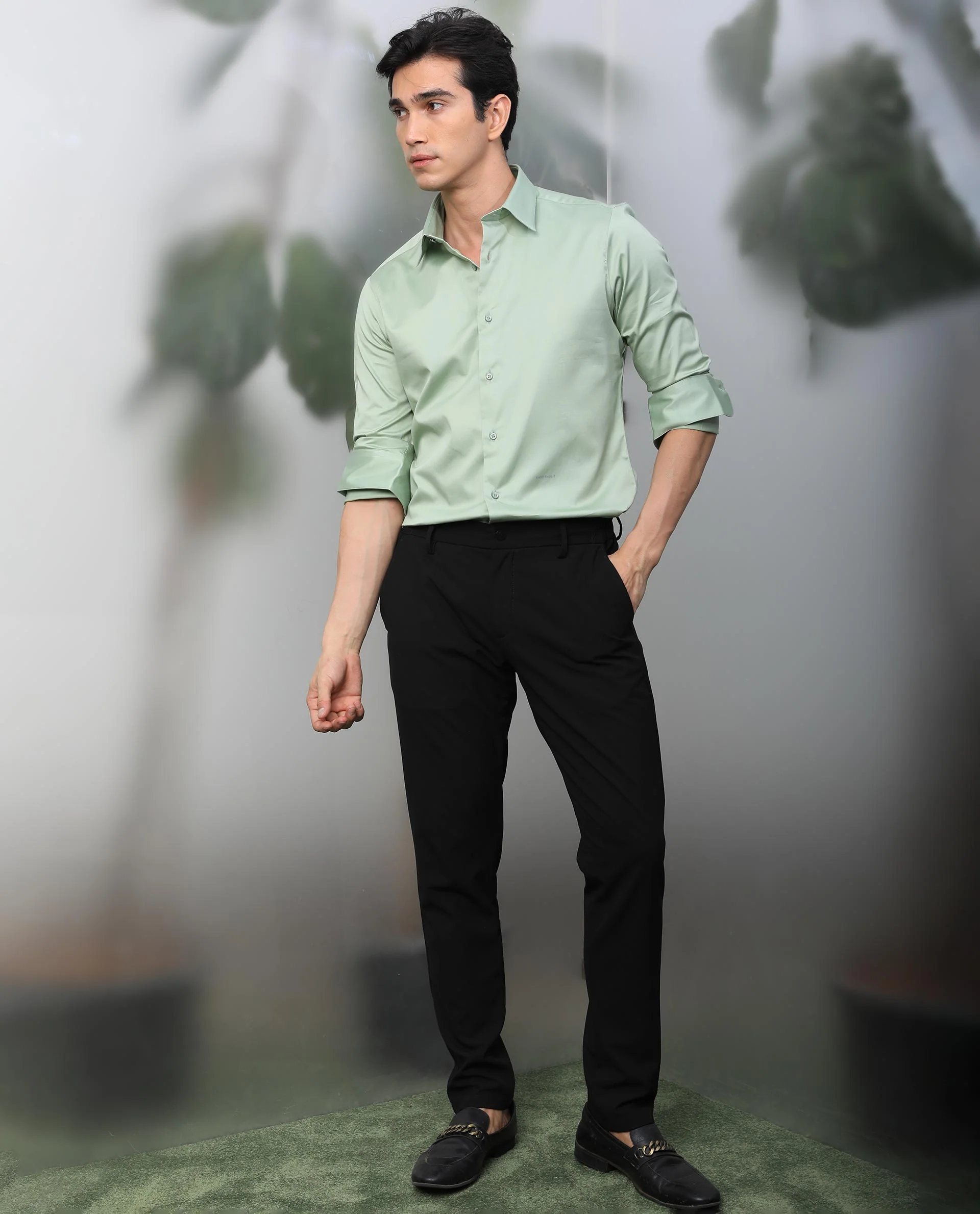 Rare Rabbit Men's Melton Pastel Green Cotton Plain Tailored Fit Full Sleeve Spread Collar Shirt - Image 2