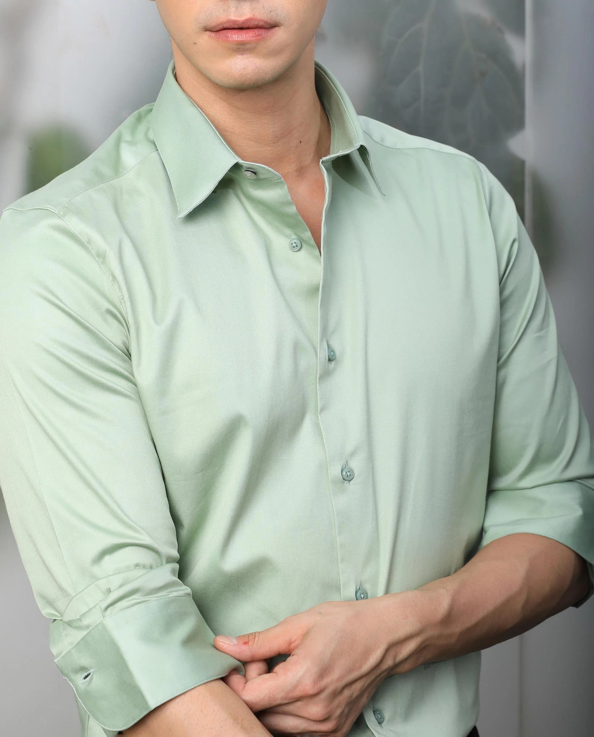 Rare Rabbit Men's Melton Pastel Green Cotton Plain Tailored Fit Full Sleeve Spread Collar Shirt - Image 3