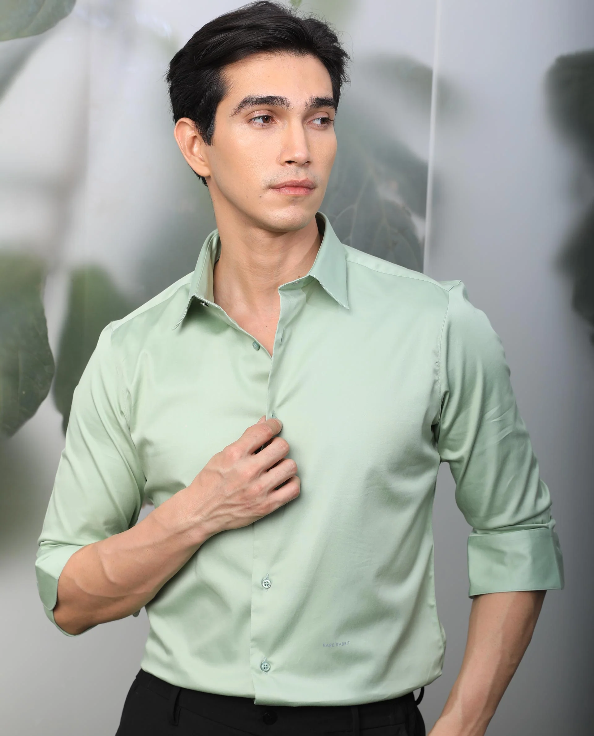Rare Rabbit Men's Melton Pastel Green Cotton Plain Tailored Fit Full Sleeve Spread Collar Shirt - Image 4