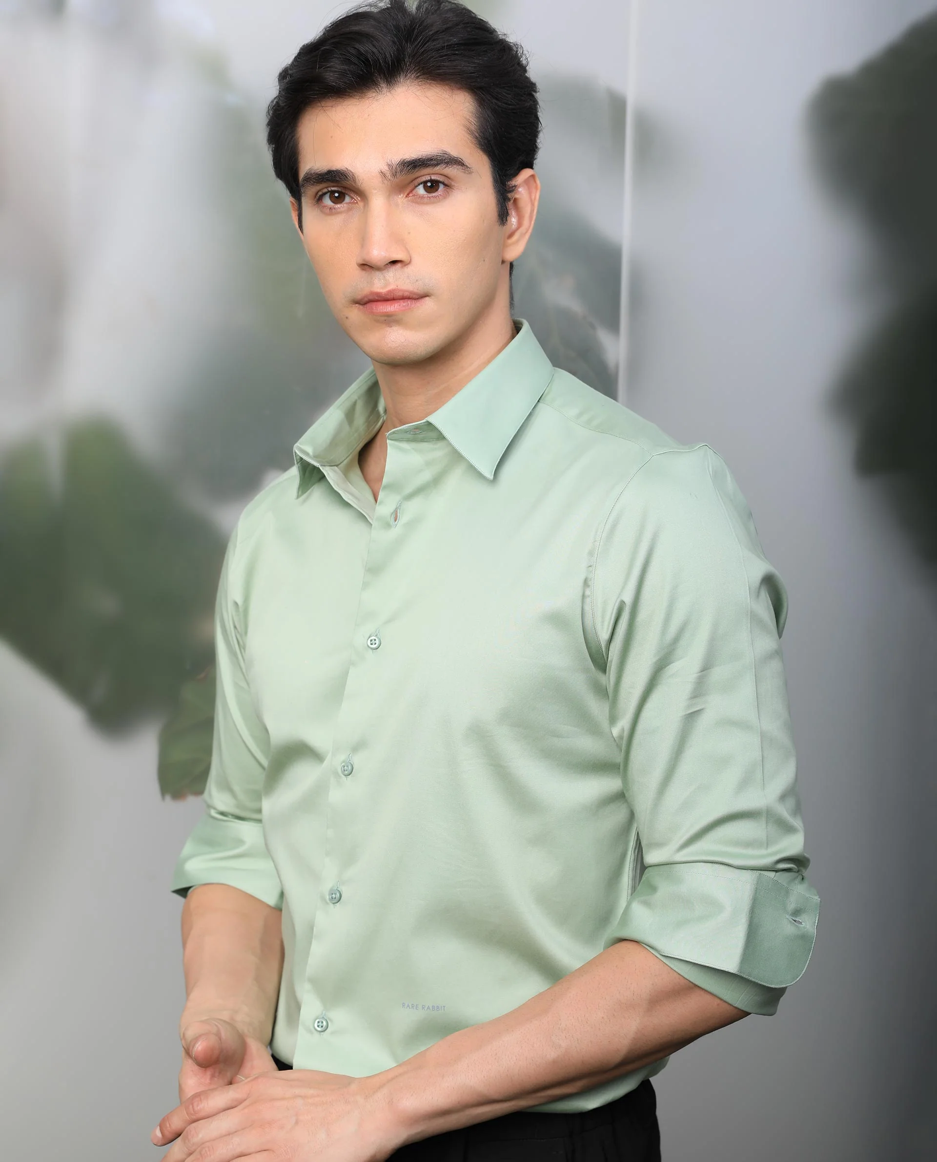 Rare Rabbit Men's Melton Pastel Green Cotton Plain Tailored Fit Full Sleeve Spread Collar Shirt - Image 6