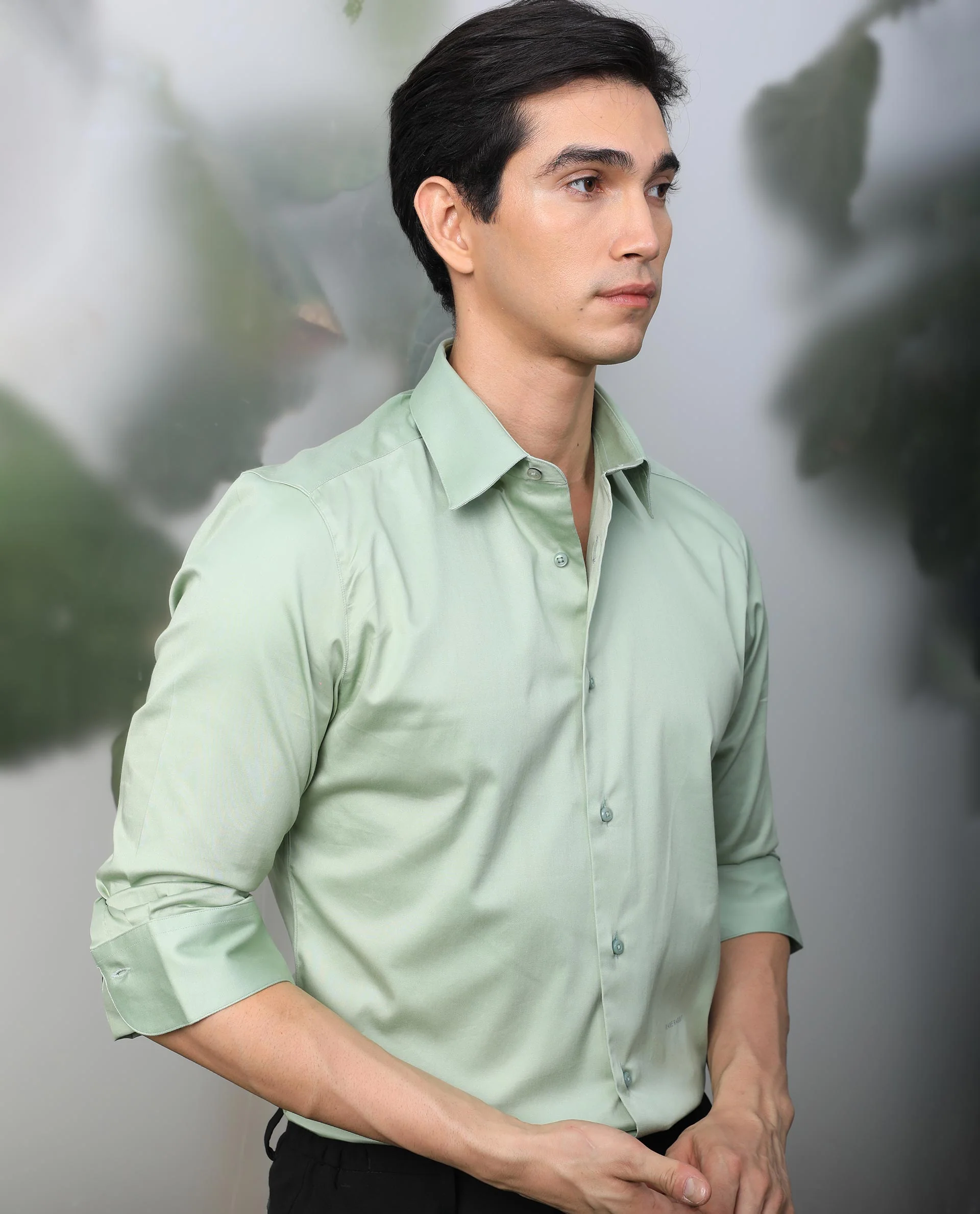 Rare Rabbit Men's Melton Pastel Green Cotton Plain Tailored Fit Full Sleeve Spread Collar Shirt - Image 7