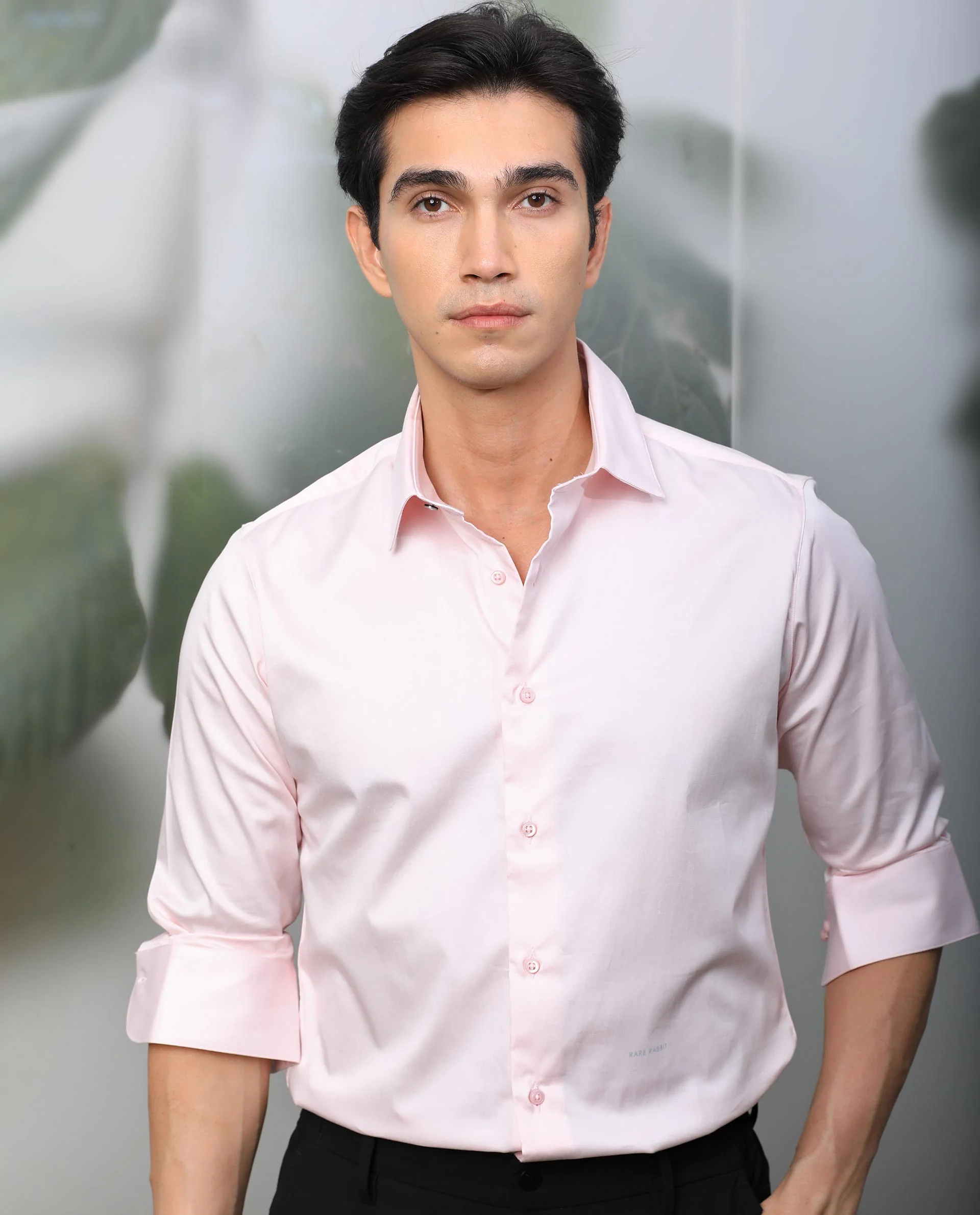 Rare Rabbit Men's Melton Pink Cotton Plain Tailored Fit Full Sleeve Spread Collar Shirt - Image 3