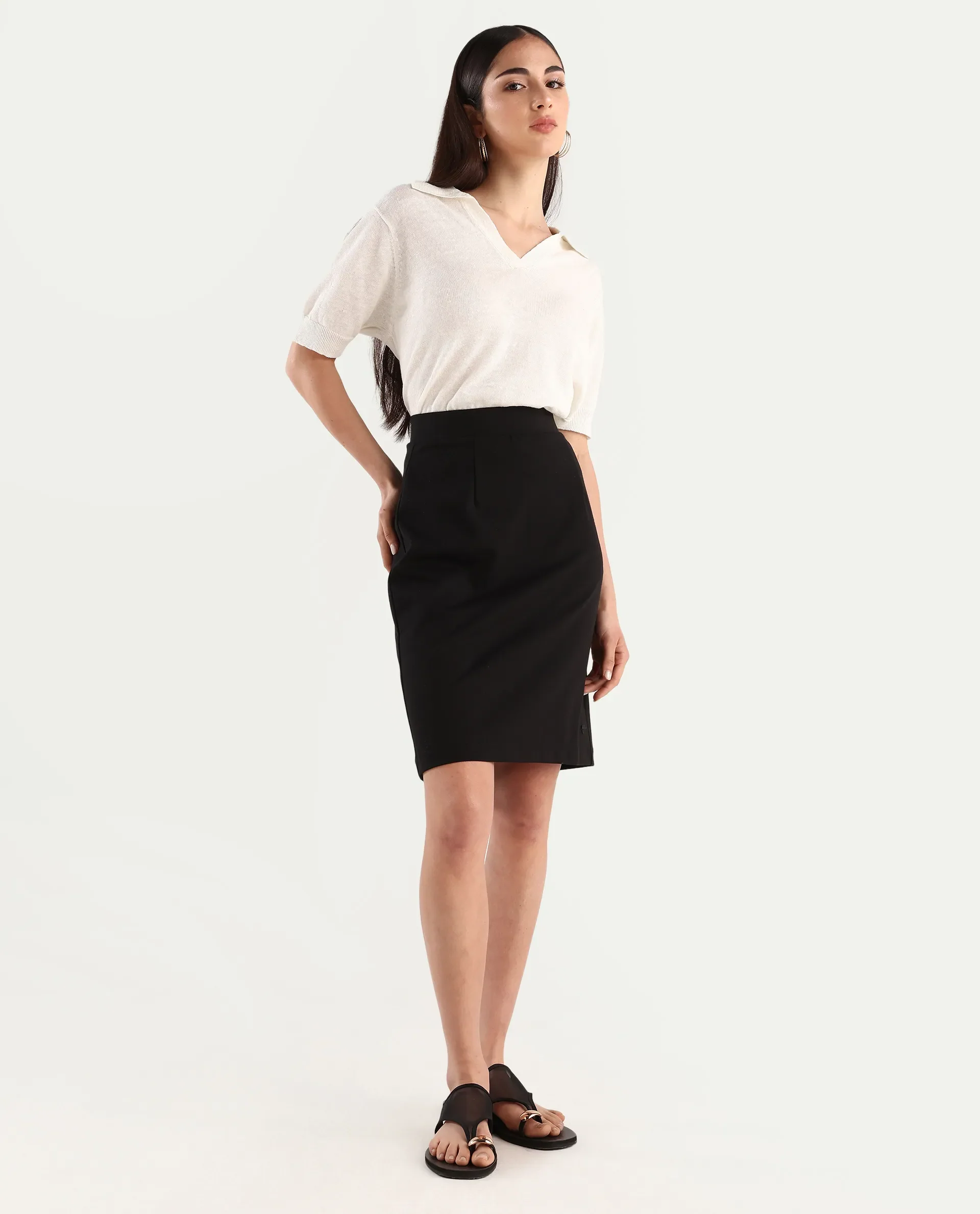 Rareism Women's Melunia Black Polyester Blend Plain Knee Length Straight Fit Skirt - Image 3