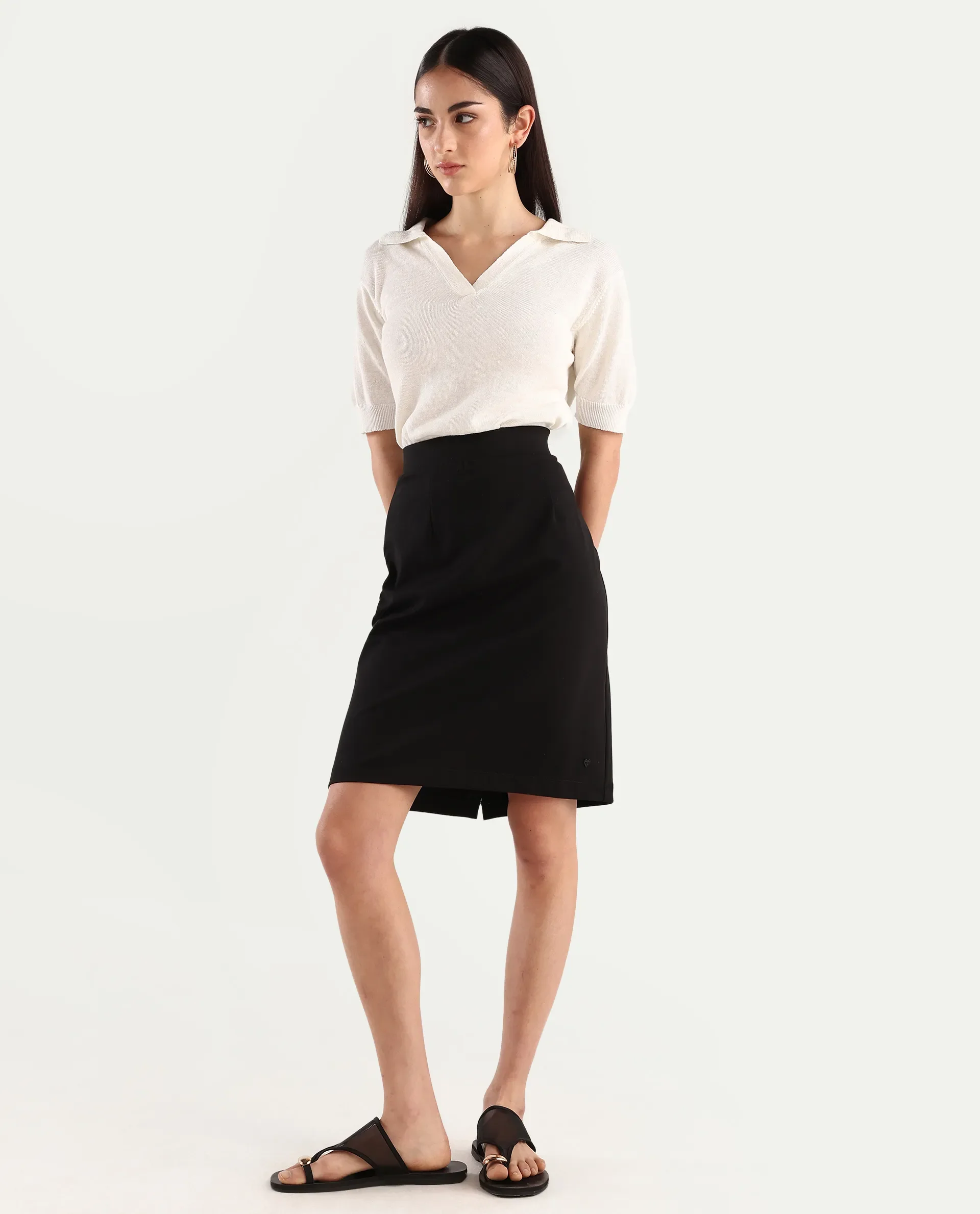 Rareism Women's Melunia Black Polyester Blend Plain Knee Length Straight Fit Skirt - Image 5