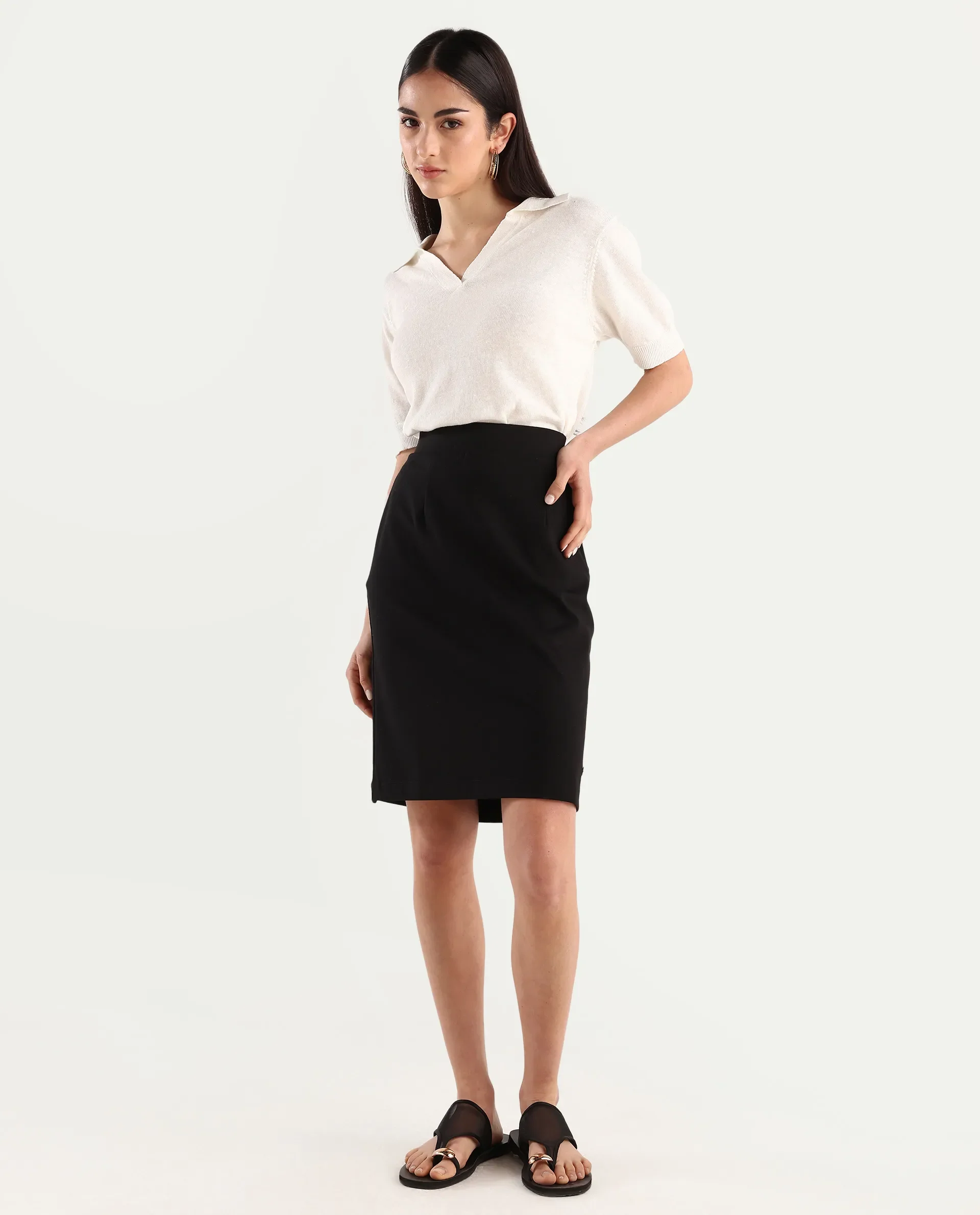 Rareism Women's Melunia Black Polyester Blend Plain Knee Length Straight Fit Skirt - Image 6