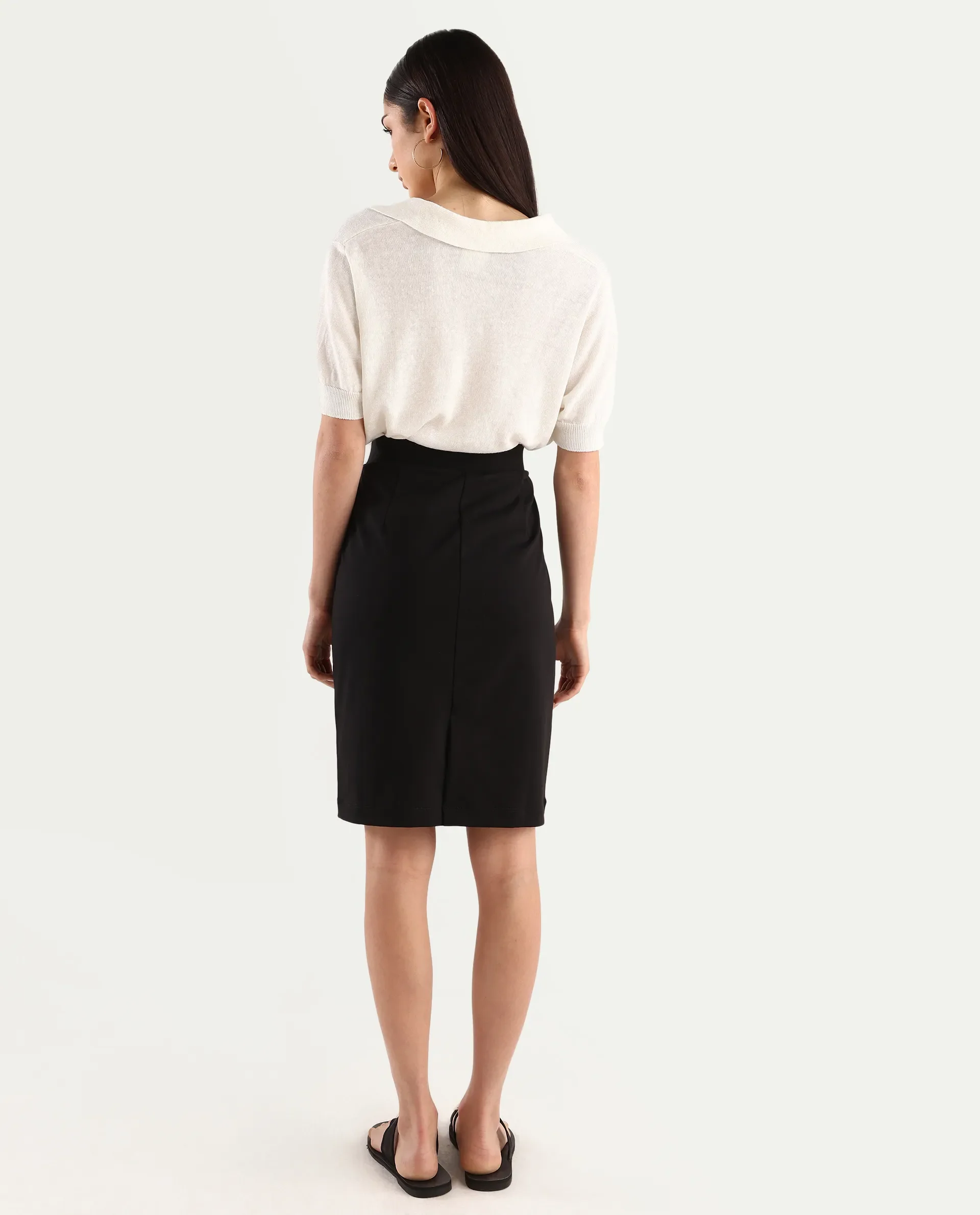 Rareism Women's Melunia Black Polyester Blend Plain Knee Length Straight Fit Skirt - Image 7