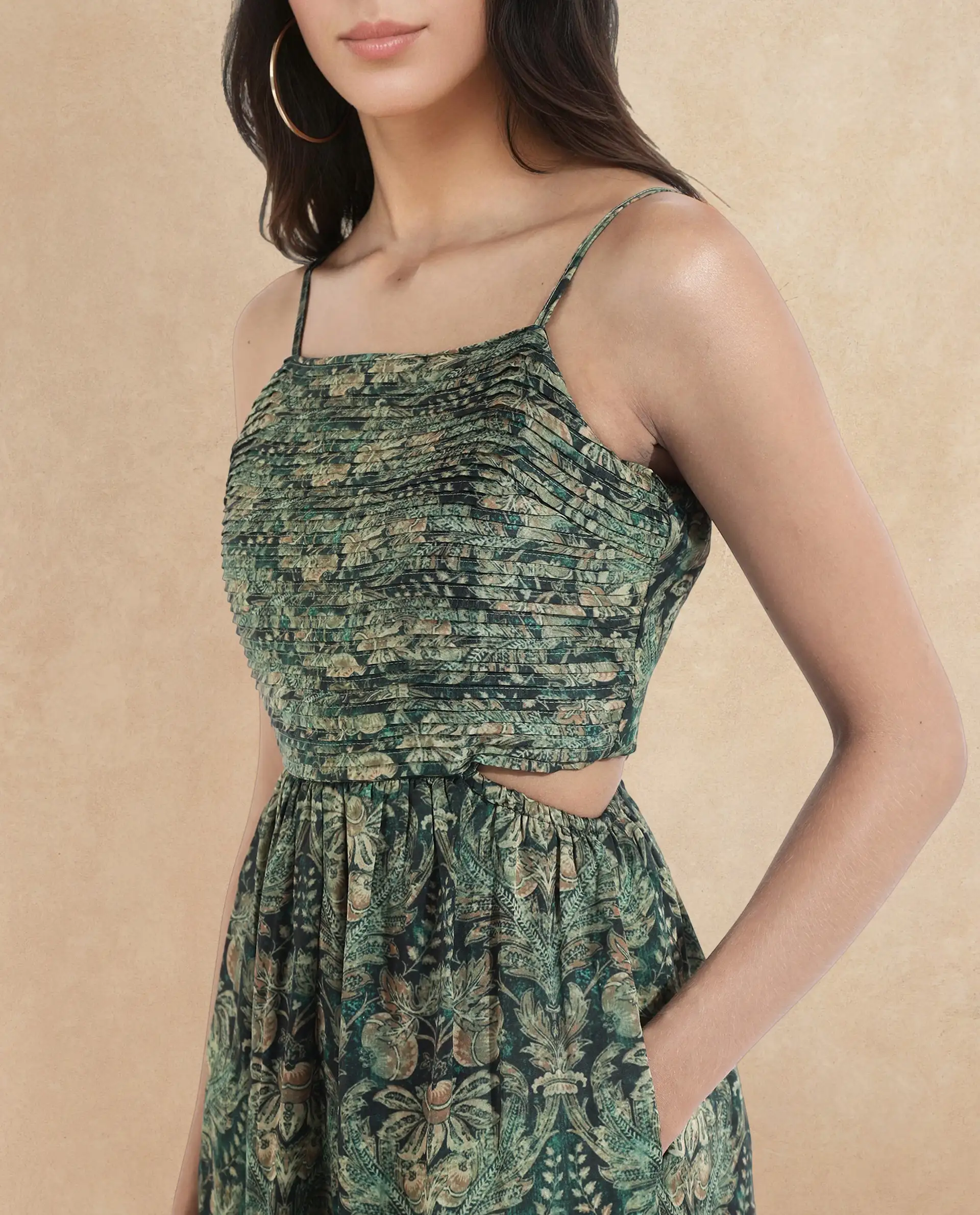 Rareism Women's Melvin Dark Green Polyester Shoulder Strap Floral Print Shoulder Strap Maxi Fit And Flare Dress - Image 2