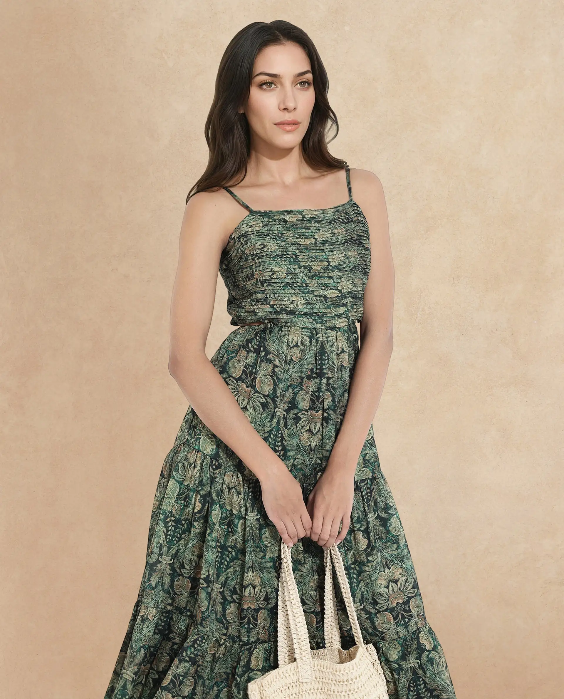 Rareism Women's Melvin Dark Green Polyester Shoulder Strap Floral Print Shoulder Strap Maxi Fit And Flare Dress - Image 3